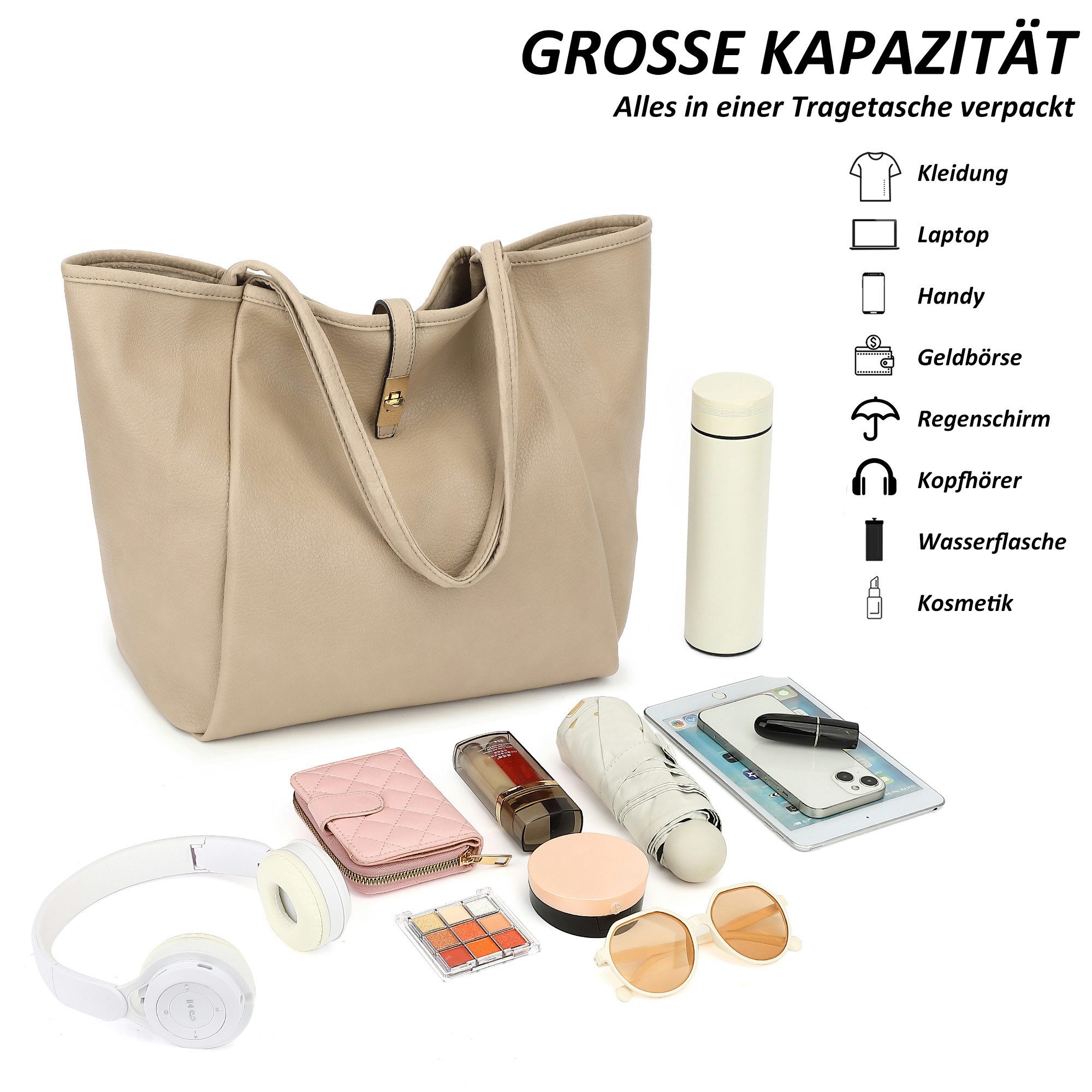 TAN.TOMI Schultertasche Damen Umhängetasche PU Leder Tote Shopper Bag Reise Geldbörse, Mit Drehverschluss und Innentasche für Arbeit, Schule, Einkauf