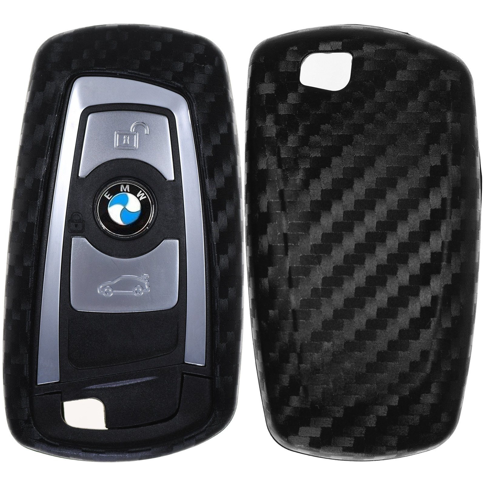 mt-key Schlüsseltasche Autoschlüssel Softcase Silikon Schutzhülle im Carbon Look, für BMW F20 F13 F30 F31 F32 F33 F22 1er 2er 3er 4er 3 Tasten KEYLESS