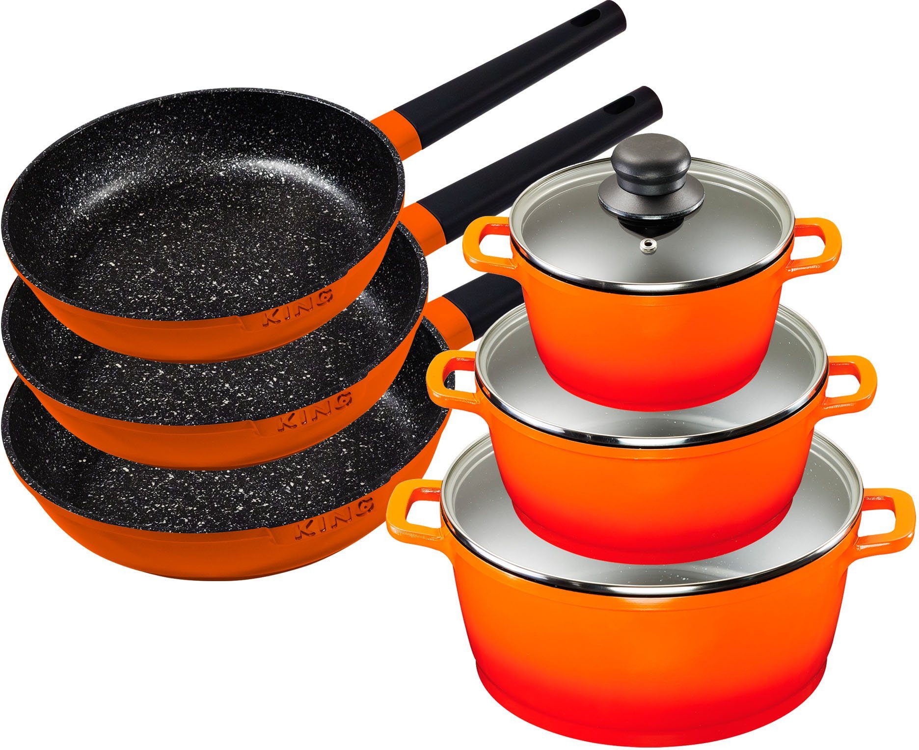 KING Topf-Set Shine Orange, Aluminiumguss (Set, 9-tlg., 3 Pfannen, 3 Töpfe, 3 Deckel), Induktion