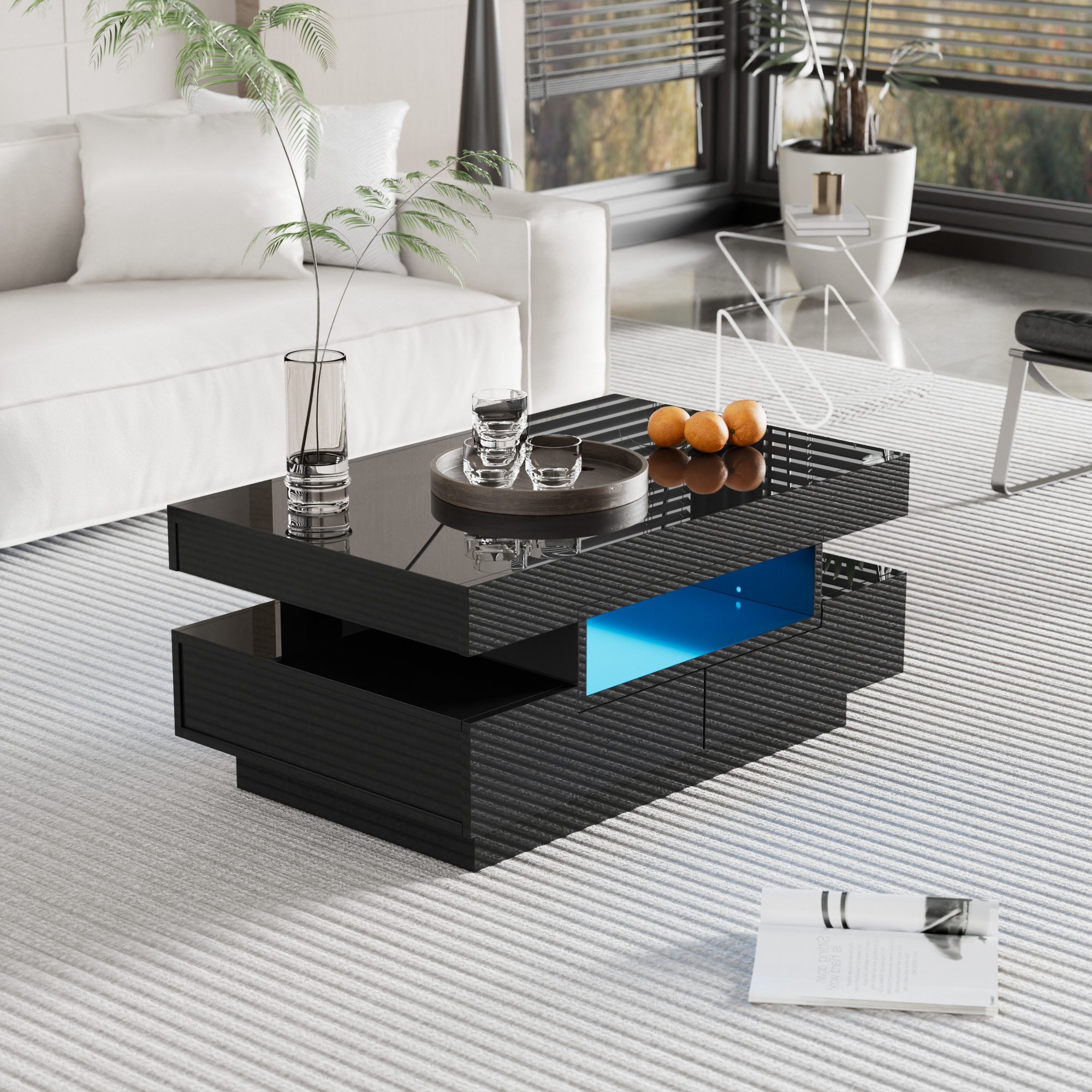 MODFU Couchtisch Beistelltisch mit Hochglanz-Oberfläche (80x36x50 cm, Schwarz), LED-Lichtleiste, 4 Schubladen (vorne & hinten)