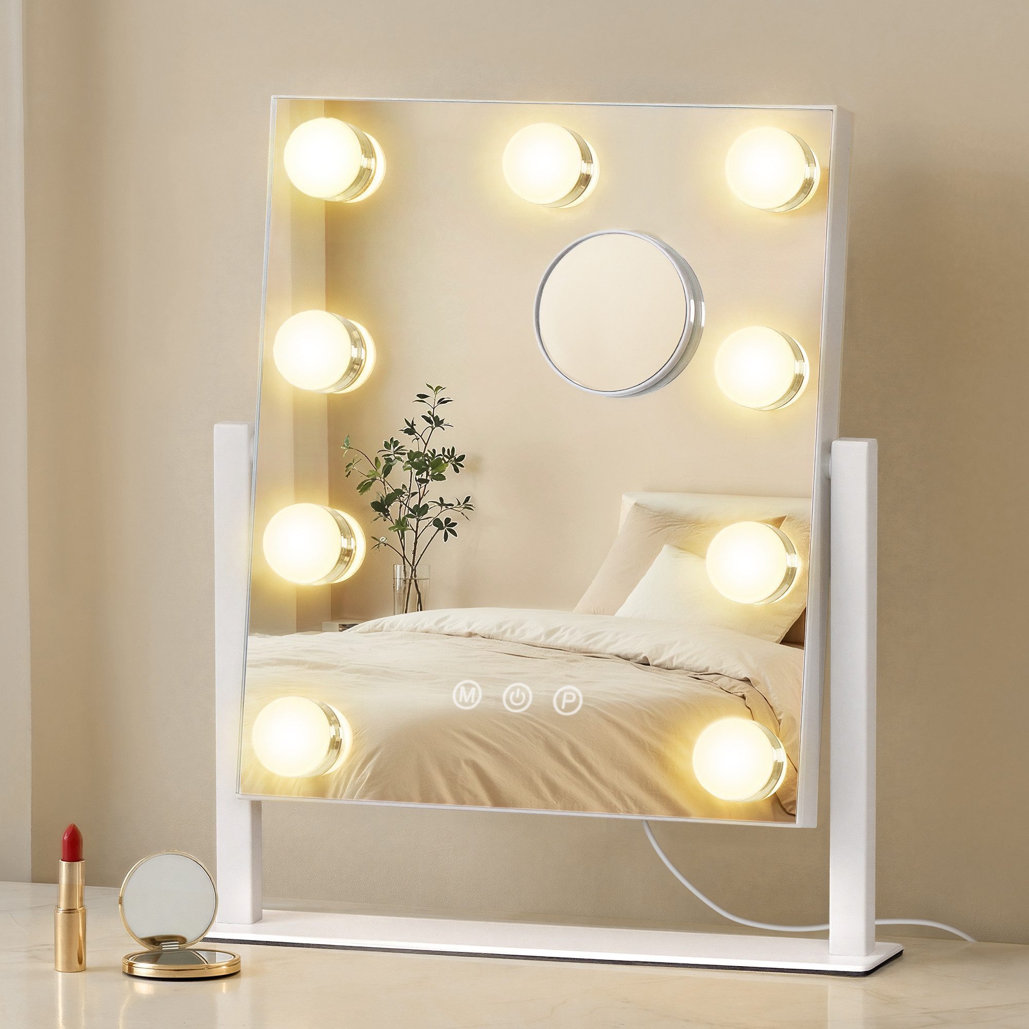 SONGMICS Schminkspiegel Hollywood Schminktischspiegel, Kosmetikspiegel, 25 x 30 cm, mattweiß, mit 9 LED-Glühbirnen, Touch-Steuerung, 3 Lichtfarben, dimmbar