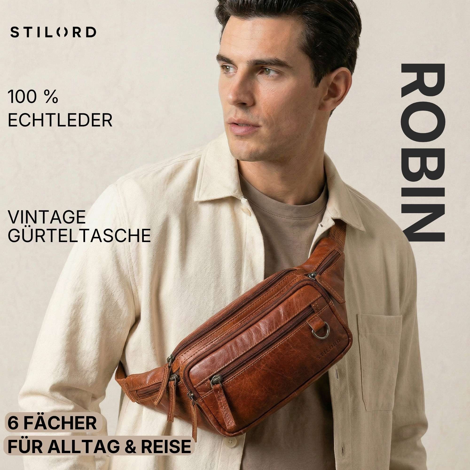 STILORD Bauchtasche "Robin" Premium Bauchtasche Herren Leder mit 6 Reißverschlussfächern – Bild 3 von 5