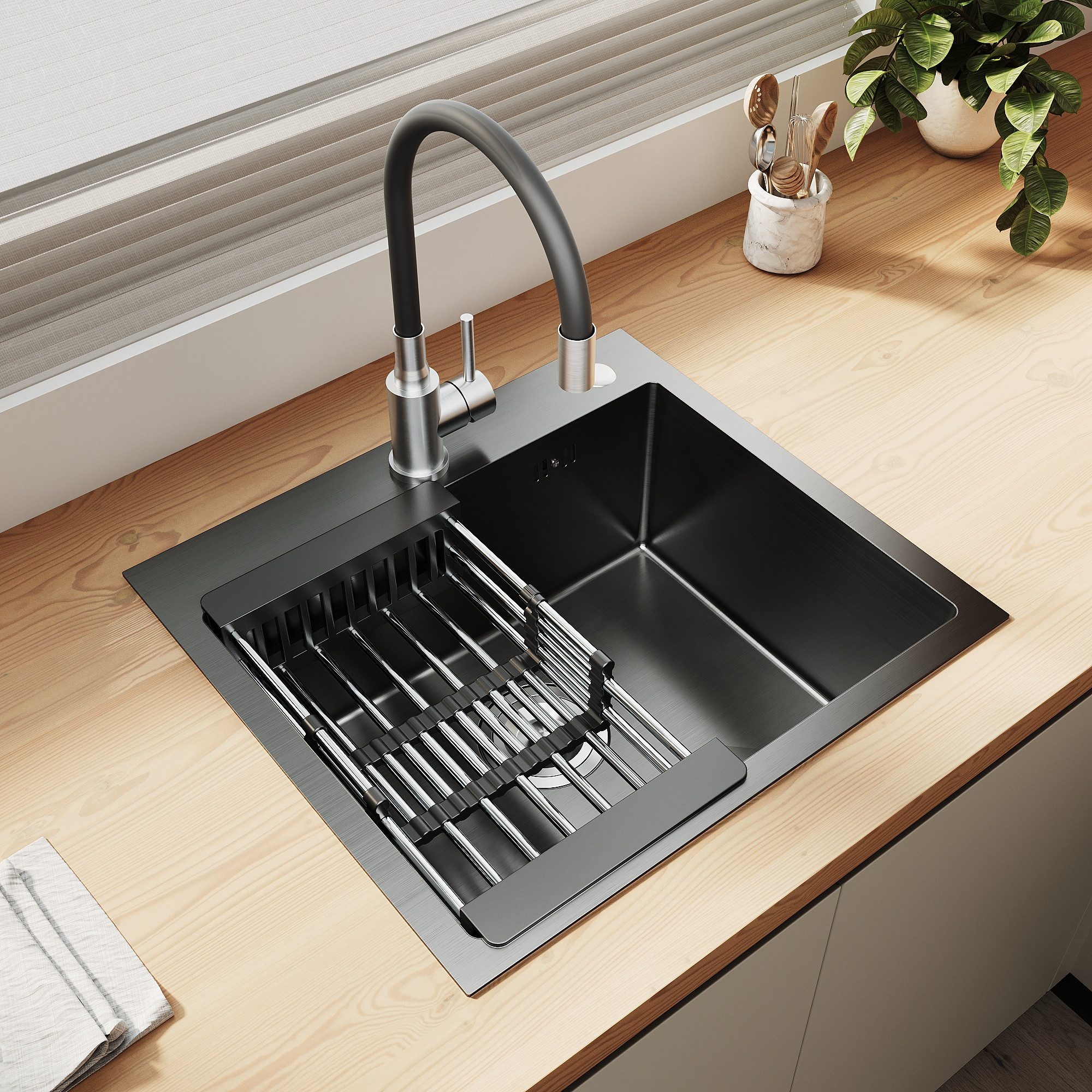 SONNI Küchenspüle Spülbecken 304 Edelstahl 50x45cm mit Silikon-Wasserhahn Einbauspüle, 50/20 cm, mit 360°-Silikonhahn & ausziehbarem Abtropfkorb, Aufbau, Einzelbecken