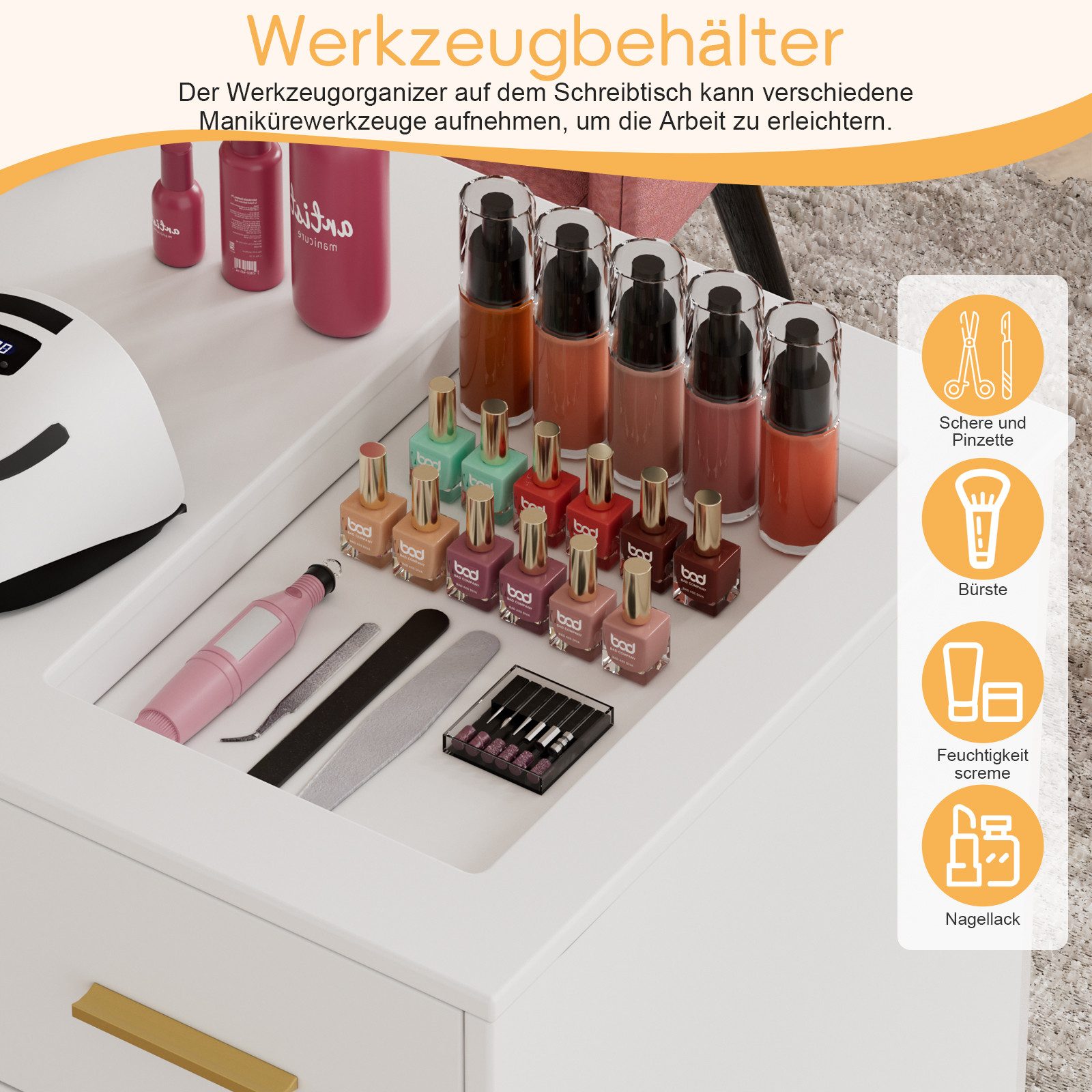 TWSOUL Arbeitstisch Nageltisch mit Absaugung, Staubbeuteln & viel Stauraum, mit Lederpolster, Schublade, Schrank & offenen Regalfächern, Weiß