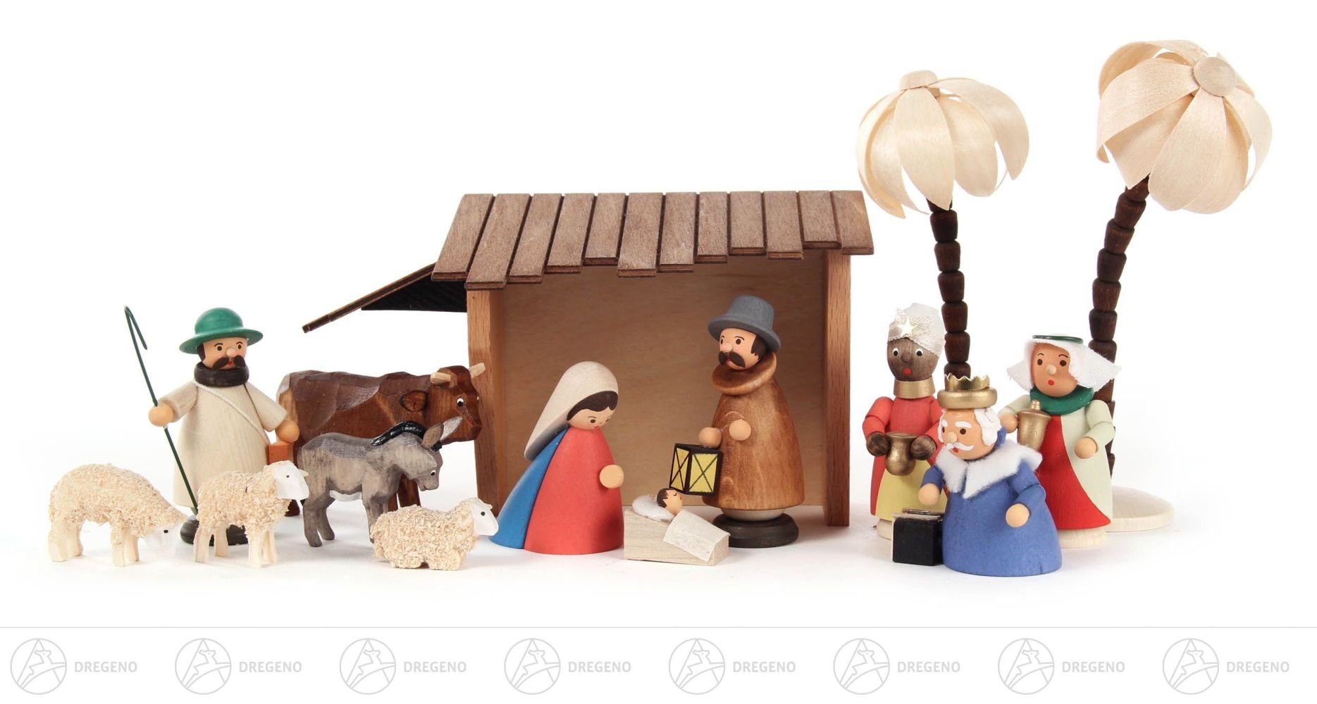 Dregeno Erzgebirge Weihnachtsfigur Krippen farbig und x, Abendstern einem Weihnachtskrippe (15) mit Breite und Familie Stall, mit Krippe Heiliger Zubehör