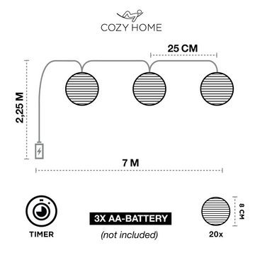 COZY HOME LED-Lichterkette Lampion Lichterkette - Batterie, Stecker und Solar, 20 Lampion LEDs I Timer-Funktion I 7 Meter mit 8 Mod I Wetterfest