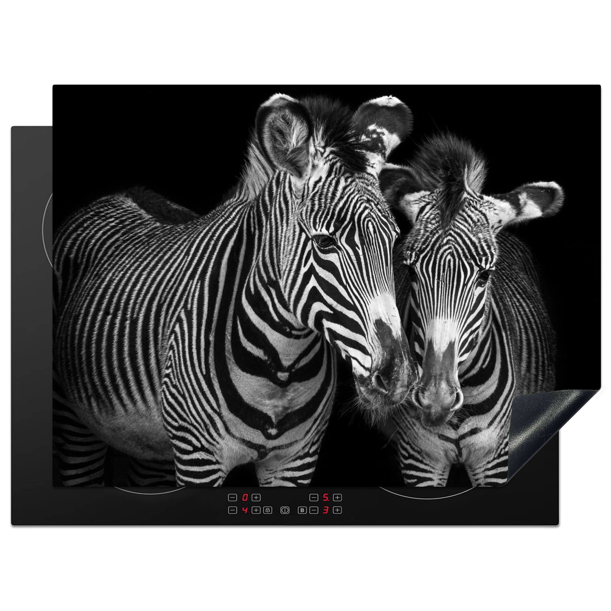 MuchoWow Herdblende-/Abdeckplatte Zebra mit ihrem Jungen auf schwarzem Hintergrund, Vinyl, (1 tlg), 70x52 cm, Mobile Arbeitsfläche nutzbar, Ceranfeldabdeckung