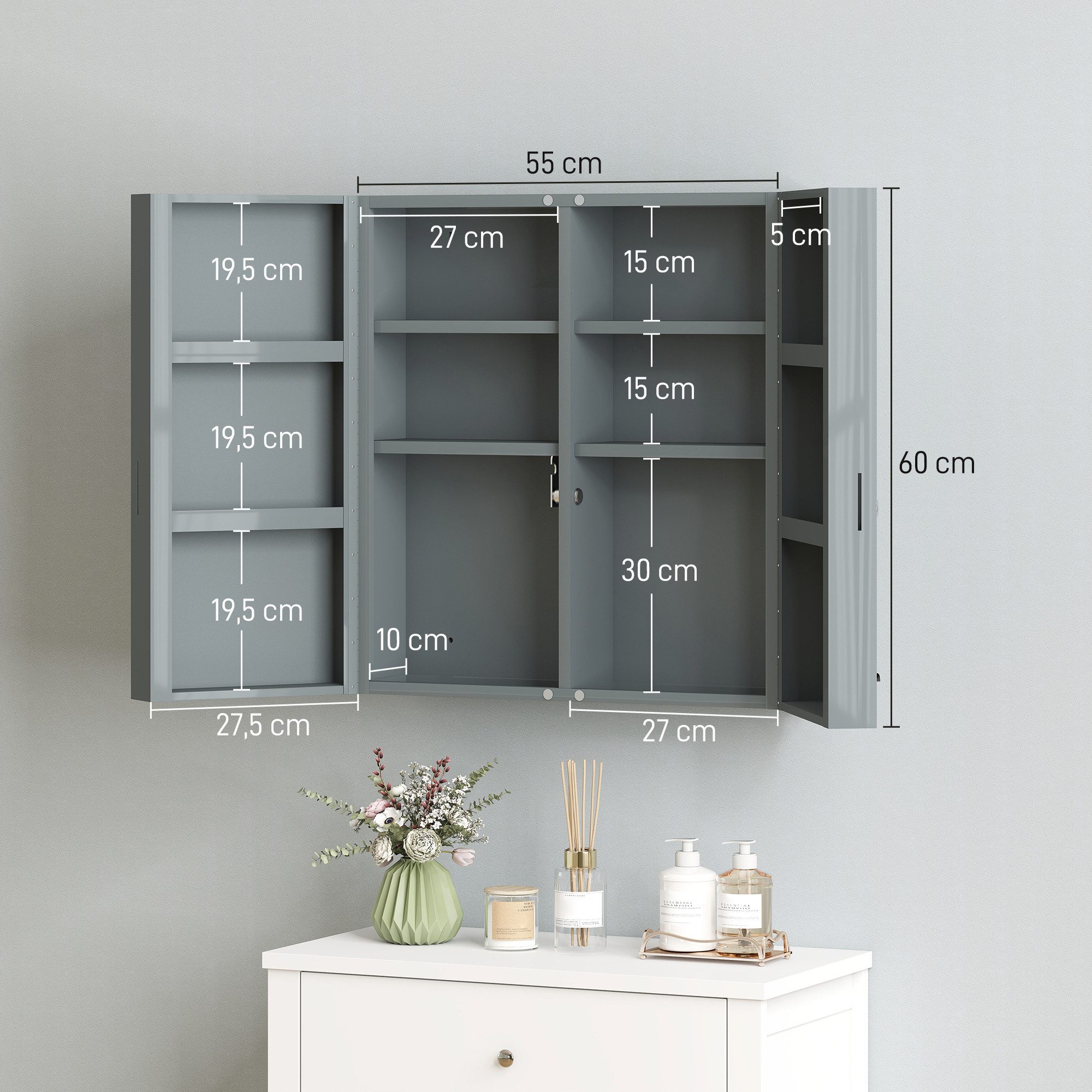 Kleankin Medizinschrank (Erste-Hilfe-Schrank, 1-St., Medikamentenschrank) abschließbar, 6 Regalfächer, pulverbeschichtet, wandmontagefähig