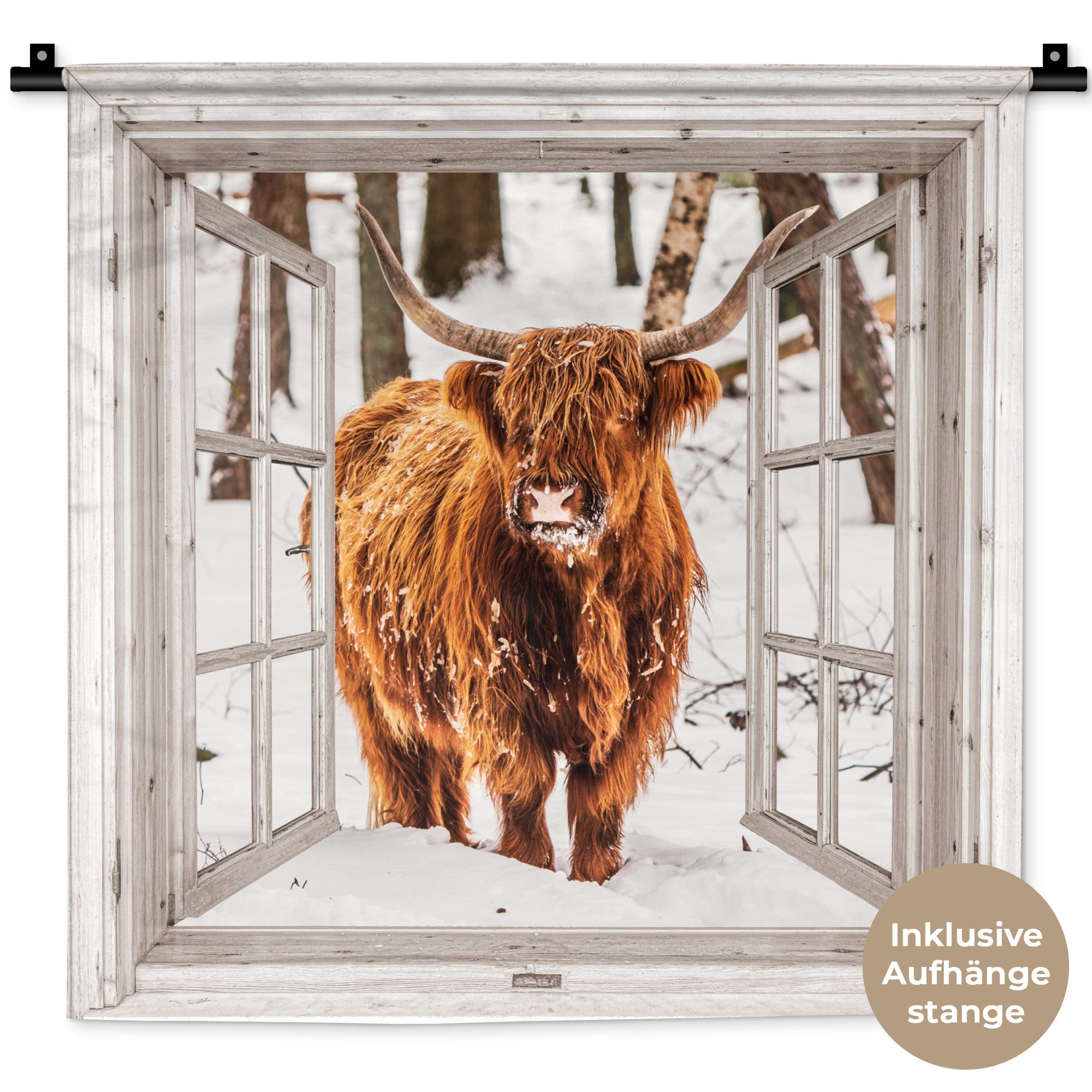 MuchoWow Wandteppich Schottische Highlander - Schnee - Winter - Natur - Tier - Aussicht - L, Quadratisch, Höhe: 3 mm, Wand Teppich, Deko für an den Wand, 60x60 cm