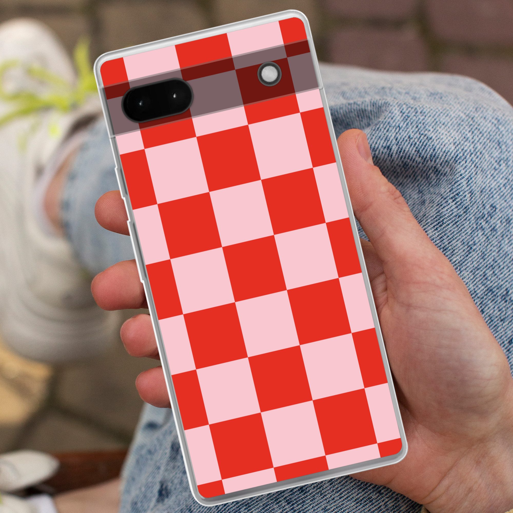 MuchoWow Handyhülle für Google Pixel 6a Schachbrettmuster - Rot - Rosa - Würfel, Phone Case, Silikon, Schutzhülle Dünn