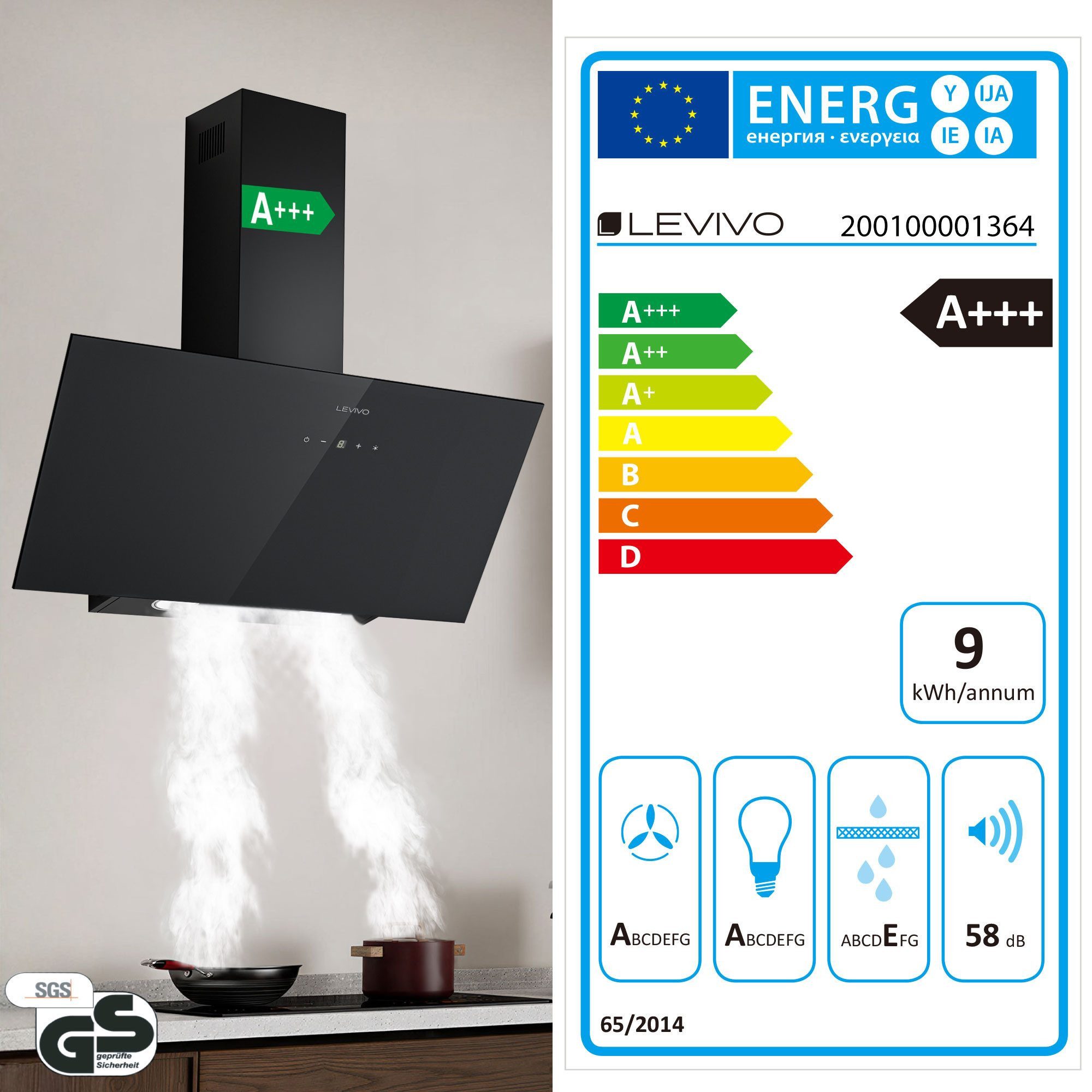 Levivo Kopffreihaube A+++ 420 m³/h Dunstabzugshaube 60cm Umluft & Abluft A+++ 420 m³/h Dunstabzugshaube 60cm Umluft & Abluft, Aktivkohlefiltern, Fettfiltern, LED-Beleuchtung
