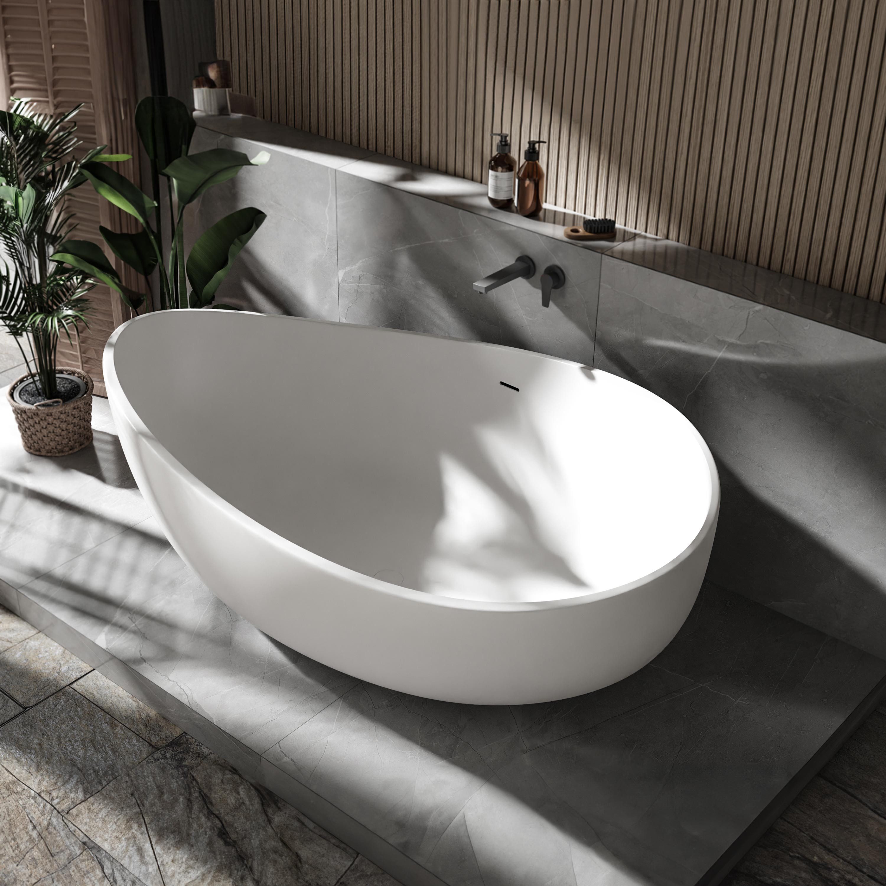 Bernstein Badewanne WAVE STONE, Freistehende Mineralguss-Badewanne, weiß glänzend, 180x110 cm