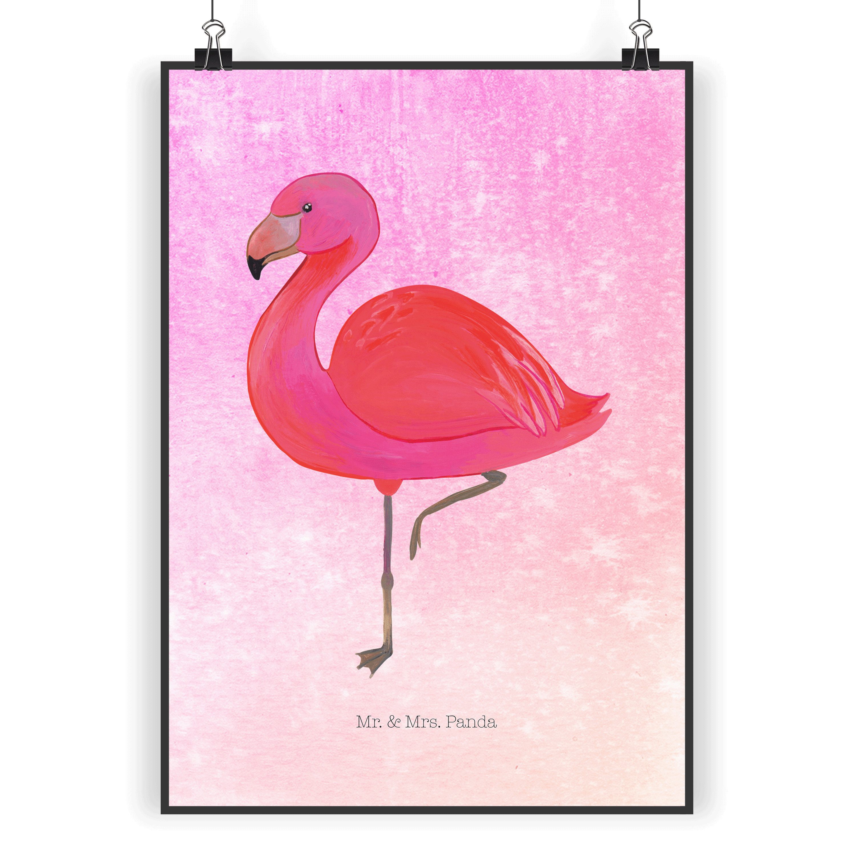 Mr. & Mrs. Panda Poster DIN A3 Flamingo Classic - Aquarell Pink - Geschenk, Wanddeko, stolz, Flamingo classic (1 St), Lebensfrohes Design