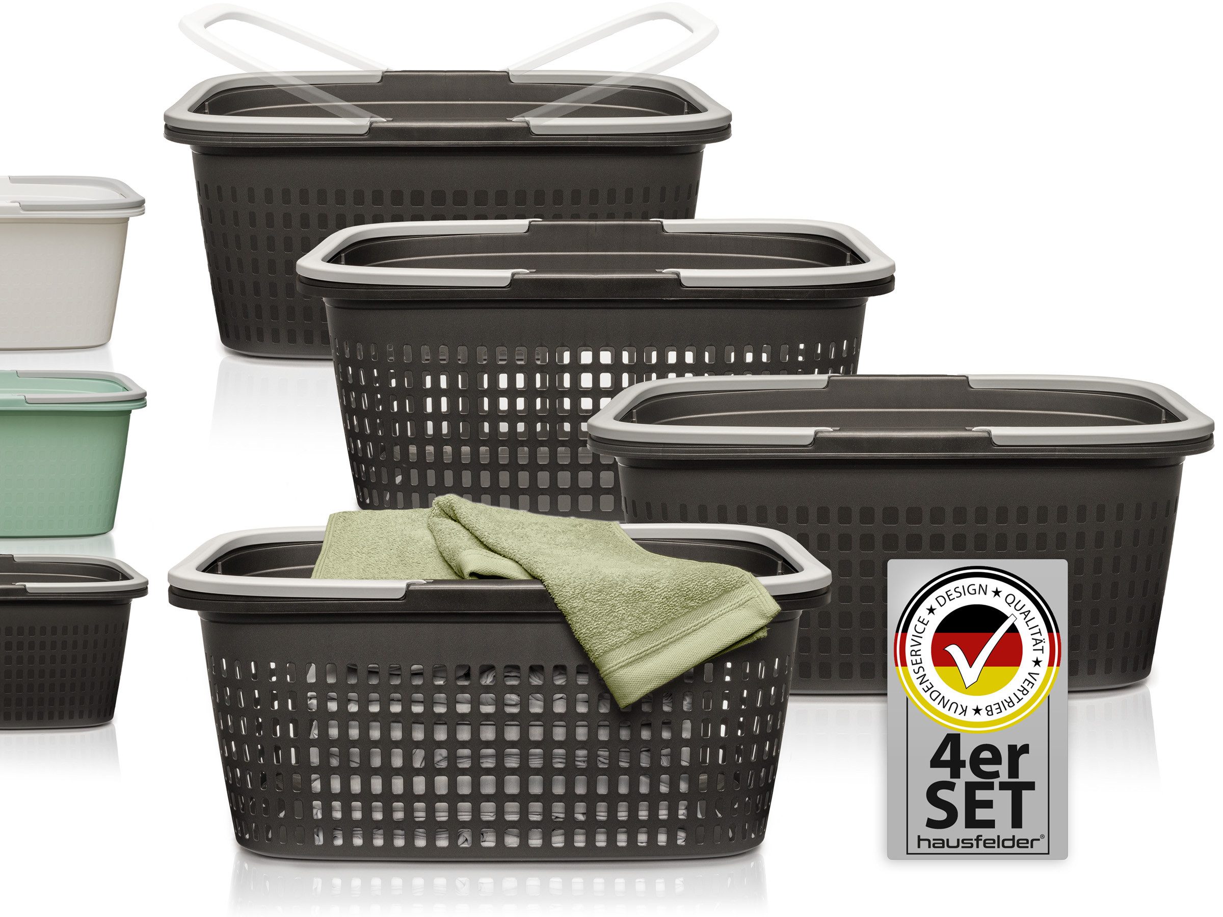 Hausfelder Wäschekorb Wäschewanne 58x37x25cm (Anthrazit-Schwarz, 2 Körbe + 2 Wannen 35 l) (Set, 4 St., 2 x Wäschekorb + 2 x Wäschewanne), mit klappbaren Henkeln, mit Griffen, 35 Liter