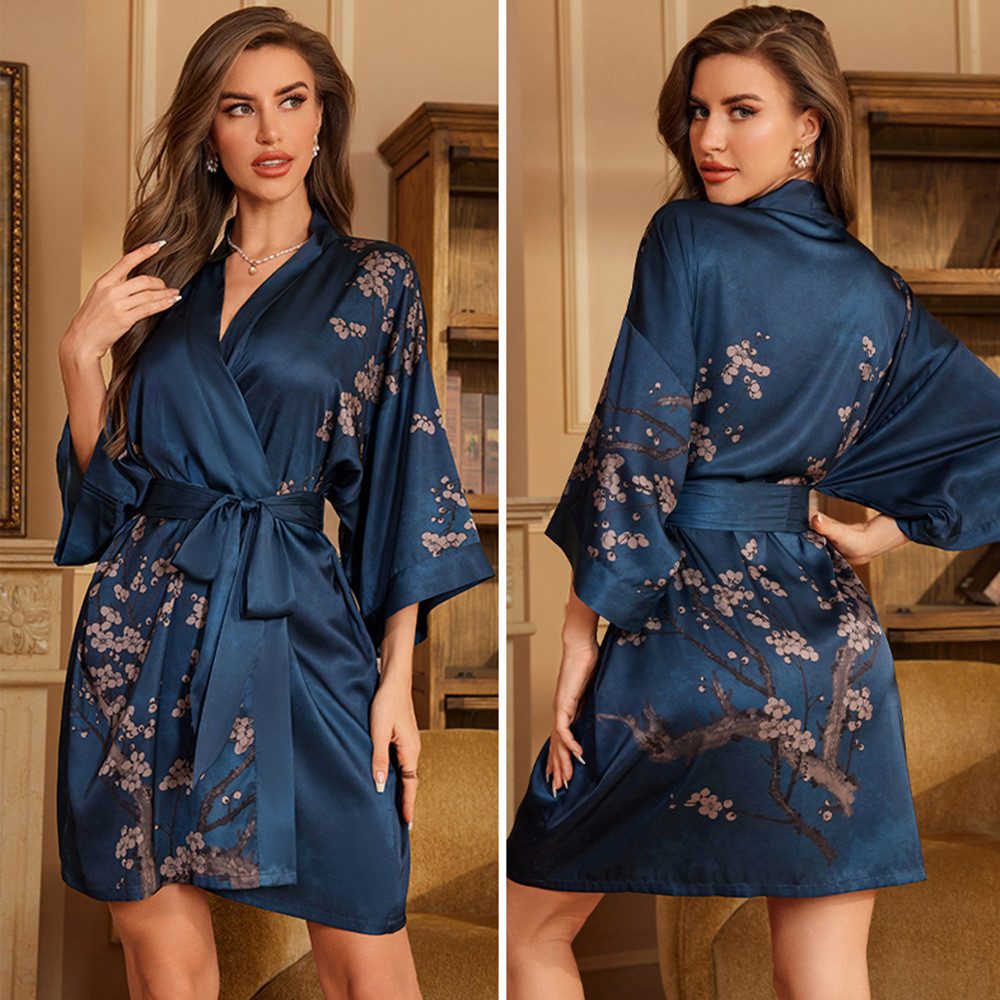 MOPUEA Morgenmantel Kimono Bademantel, Nachthemd, Schlafmantel,satin Einheitsgröße, Elegantes Design mit leuchtenden Farben