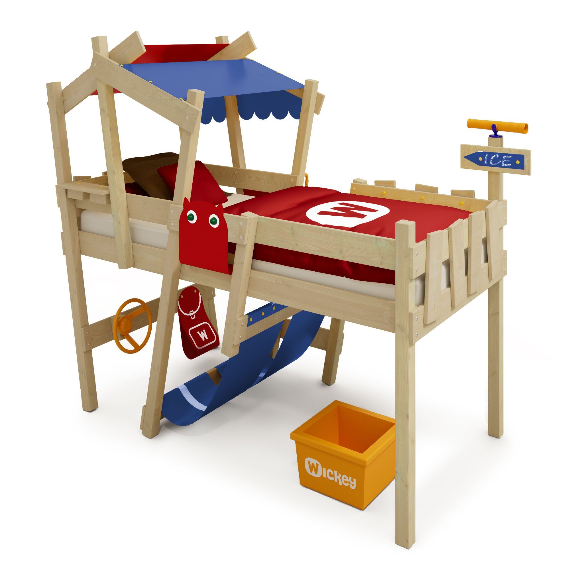 Wickey Kinderbett Crazy Hutty / massivholzbett Spielbett Spielbett Rot (Holzpaket 90 und für aus Pfosten cm, - x 200 Kinder), Etagenbett Blau Brettern