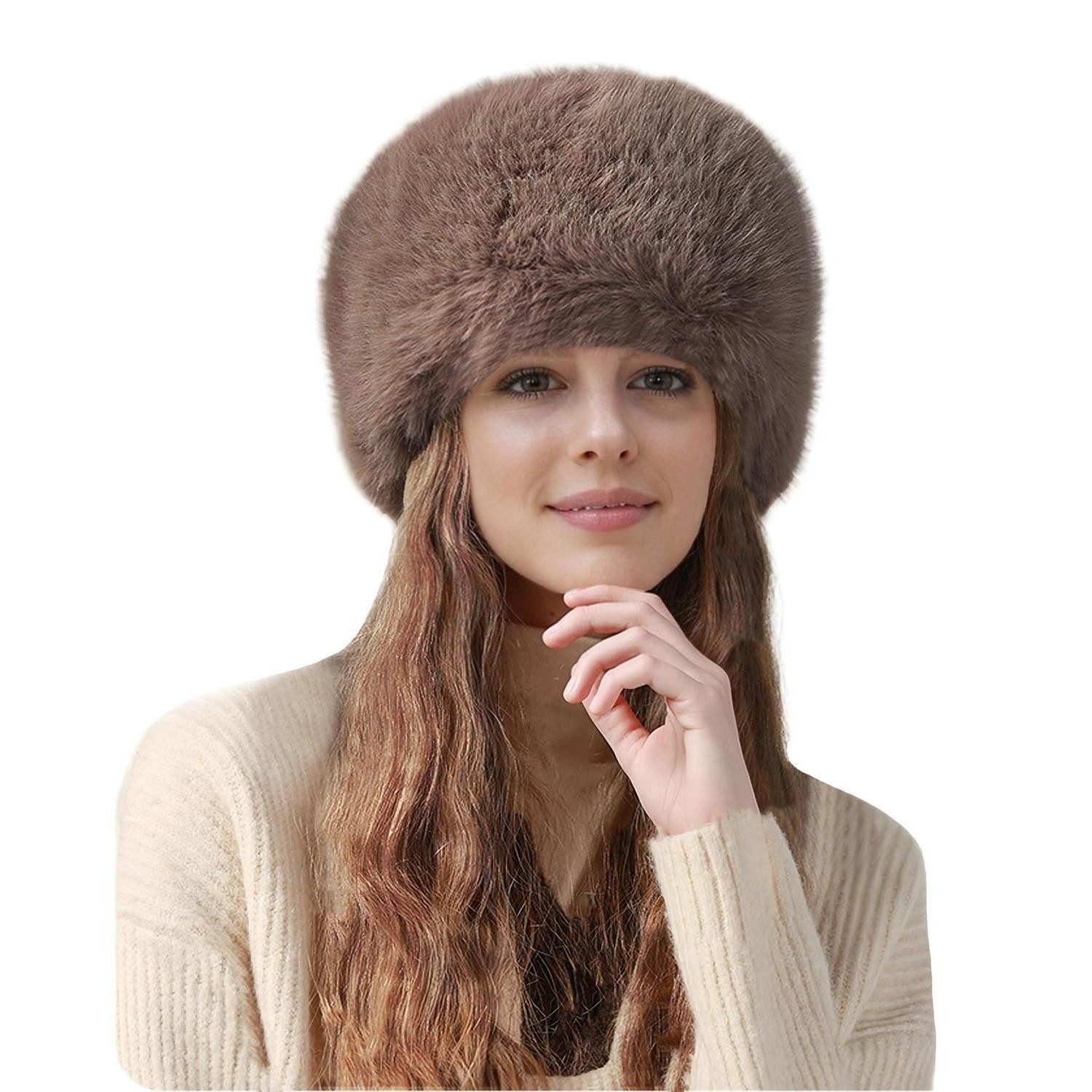 LuxusKollektion Fellimitatmützen Mütze Damen Winter Kunstfell Khaki (1-St)
