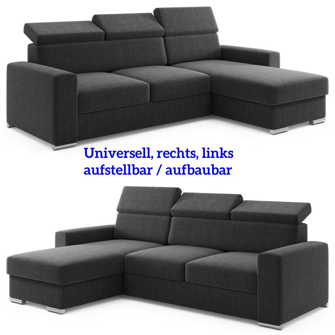 M-Punkt24 Ecksofa Ecksofa Bari Webstoff Grau oder Schwarz mit Bett und Bettkasten, Rechts und Links universell aufbaubar, mit Bettfunktion