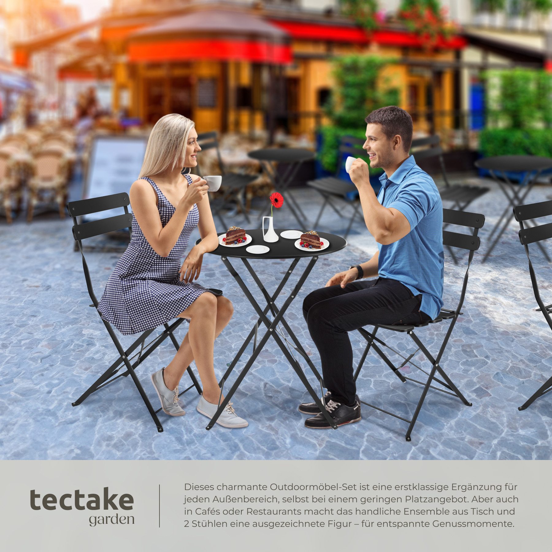tectake Essgruppe Bistrotisch Set für 2 Personen, Belastbarkeit Stuhl 120 kg, (Bistrotisch Frieda, 3-tlg., in schwarz), klappbar, widerstandsfähig, UV-beständig – Bild 4 von 5