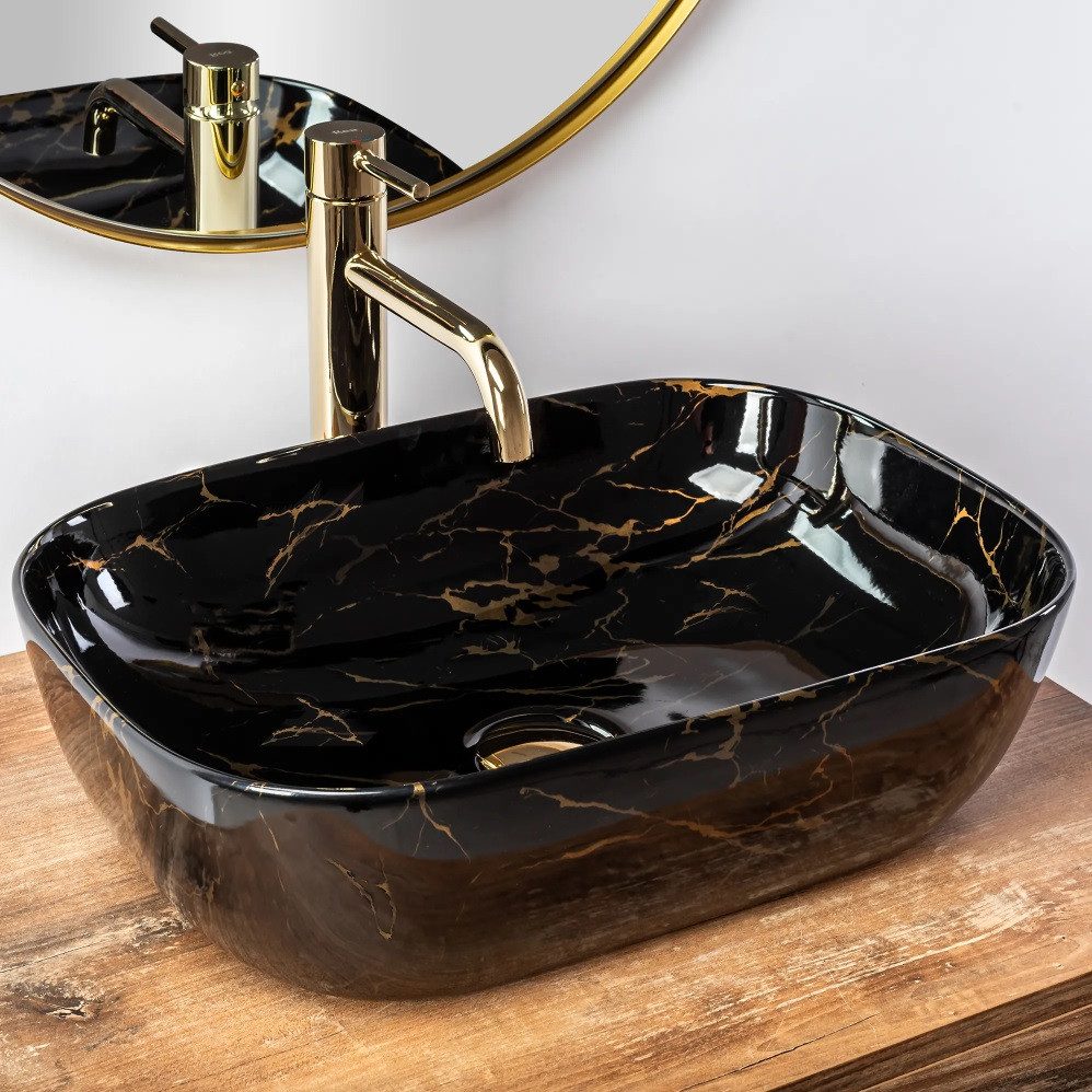 wohnwerk.idee Aufsatzwaschbecken Waschbecken Marmor Schwarz 46,5x33,5cm Belinda Marble Black Matt – Bild 3 von 5