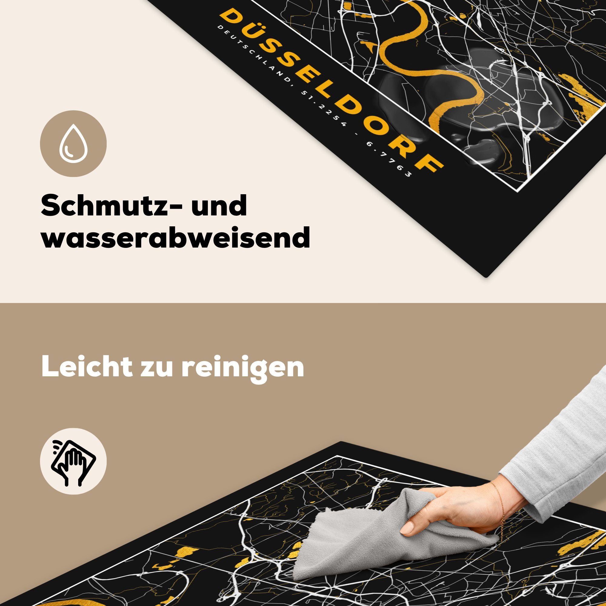 MuchoWow Herdblende-/Abdeckplatte Düsseldorf - Ceranfeldabdeckung, Vinyl, Karte küche für cm, 78x78 tlg), Stadtplan Deutschland, - (1 - Gold - Arbeitsplatte