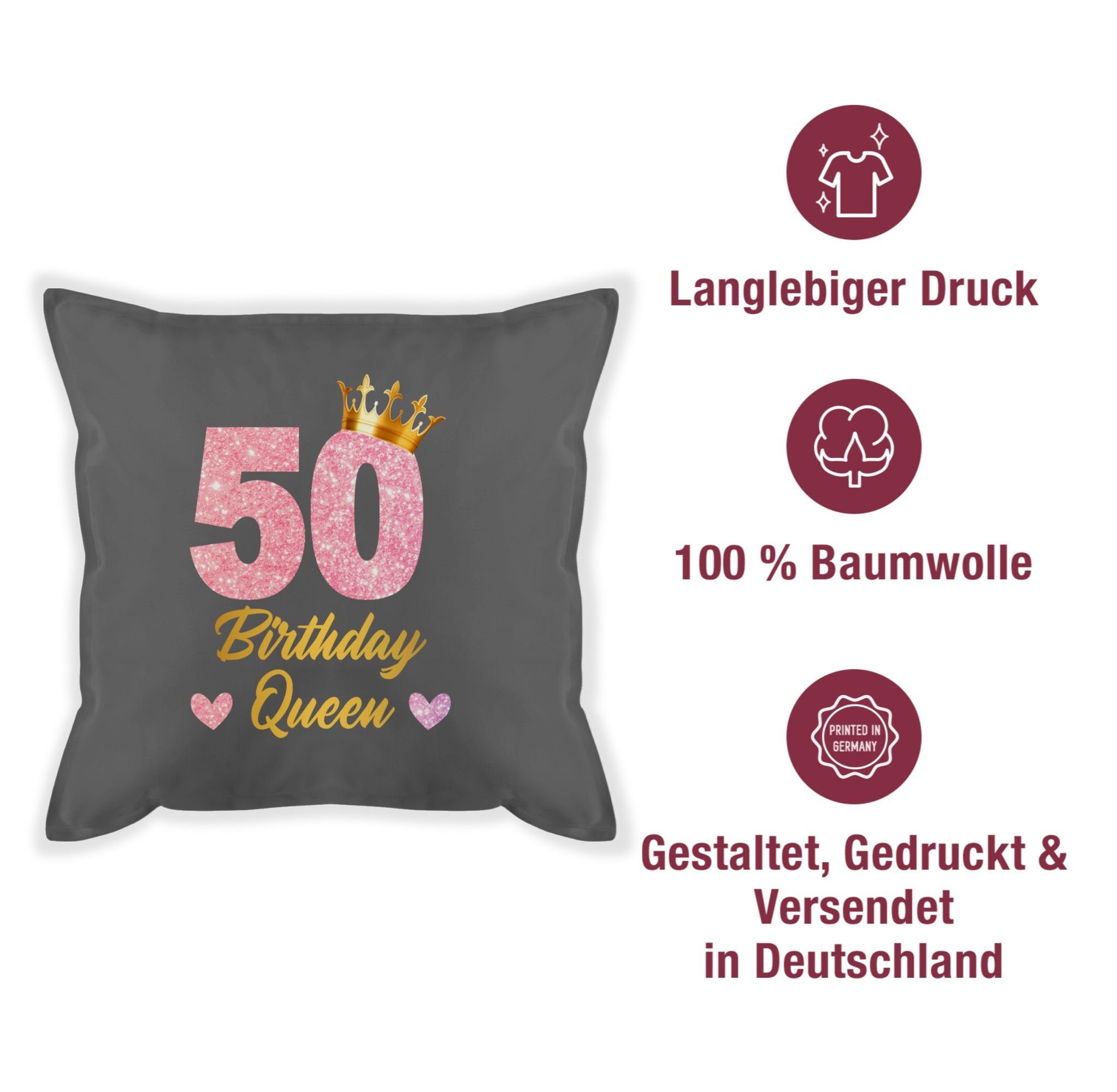 Dekokissen Kissen 50, Geburtstags Grau Geburtstag 50 Shirtracer Geburtstagsgeschenk Königin 2 Queen 50. Birthday