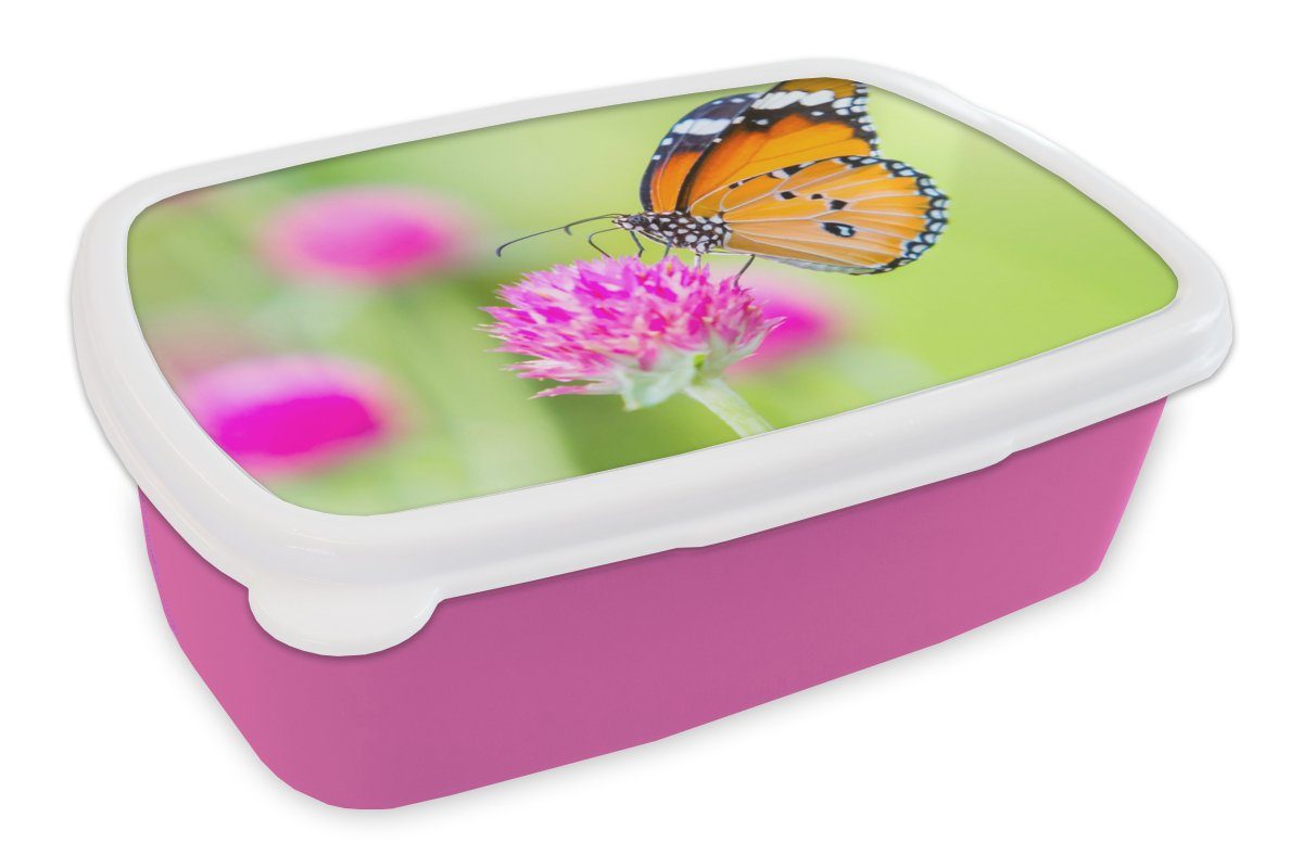 MuchoWow Lunchbox Insekten - Schmetterlinge - Blumen, Kunststoff, (2-tlg), Brotbox für Erwachsene, Brotdose Kinder, Snackbox, Mädchen, Kunststoff rosa
