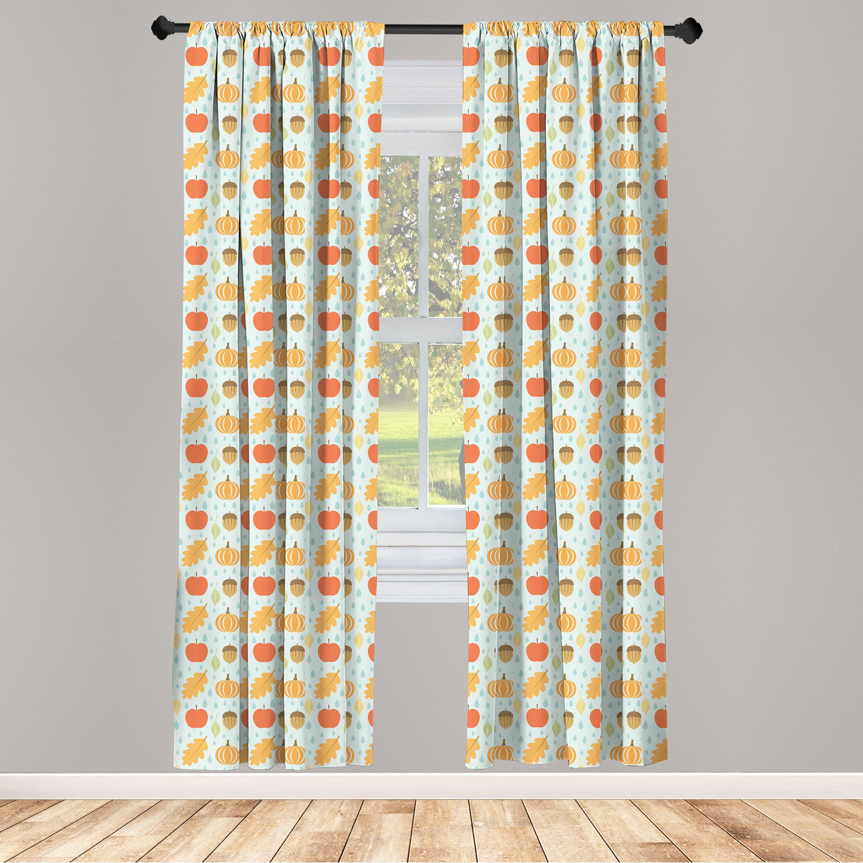 Gardine Wohnzimmer Kürbis Vorhang für Abakuhaus, Microfaser, Schlafzimmer Doodle Apfel Dekor, Blatt Eichel