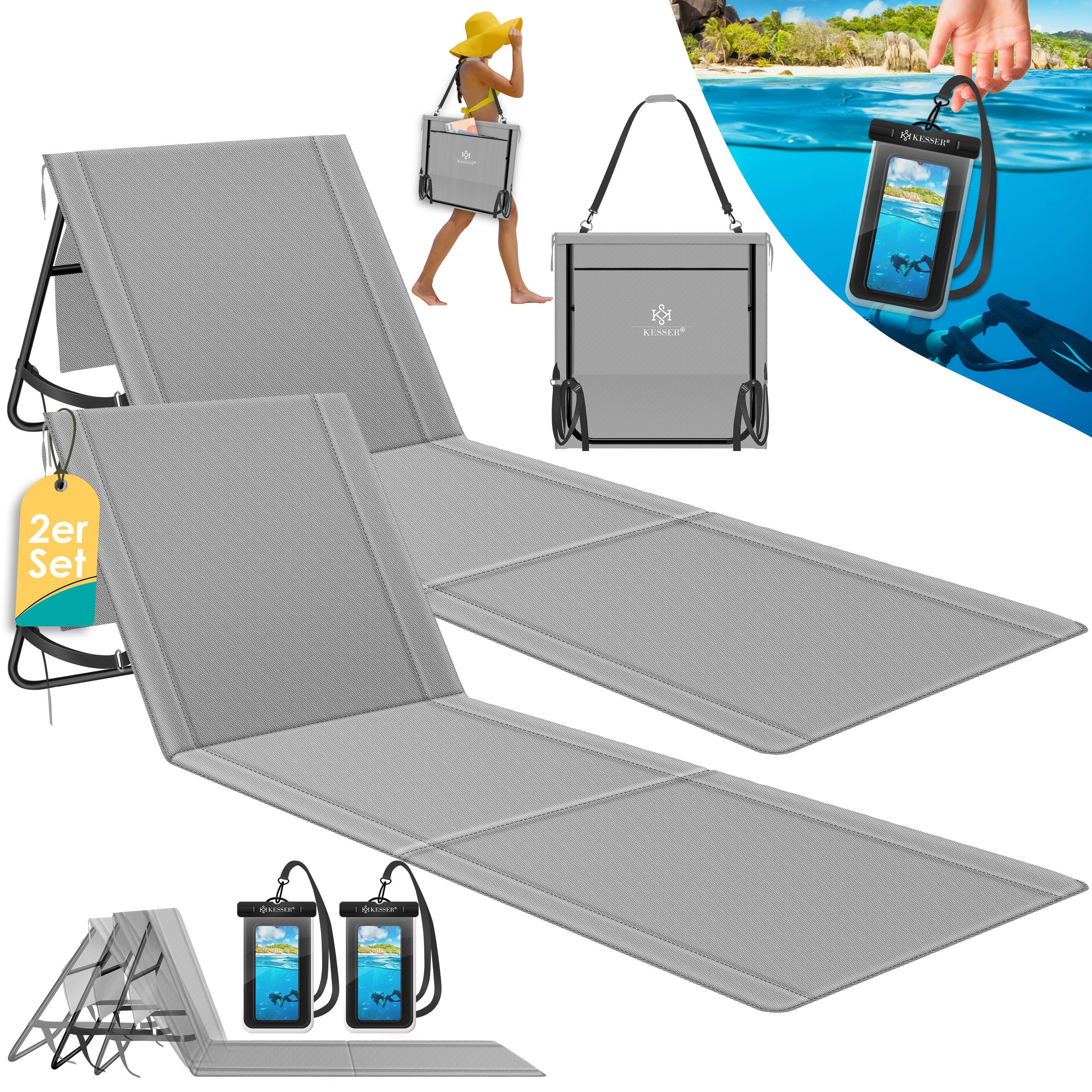 KESSER Gartenliege Strandmatte klappbar mit verstellbarer Rückenlehne max. 130 kg, 2 St., Strandliege mit Tragegurt, wasserdichter Handyhülle & Tragetasche, Sonnenliege faltbar für Strand, Garten & Terrasse Liegematte