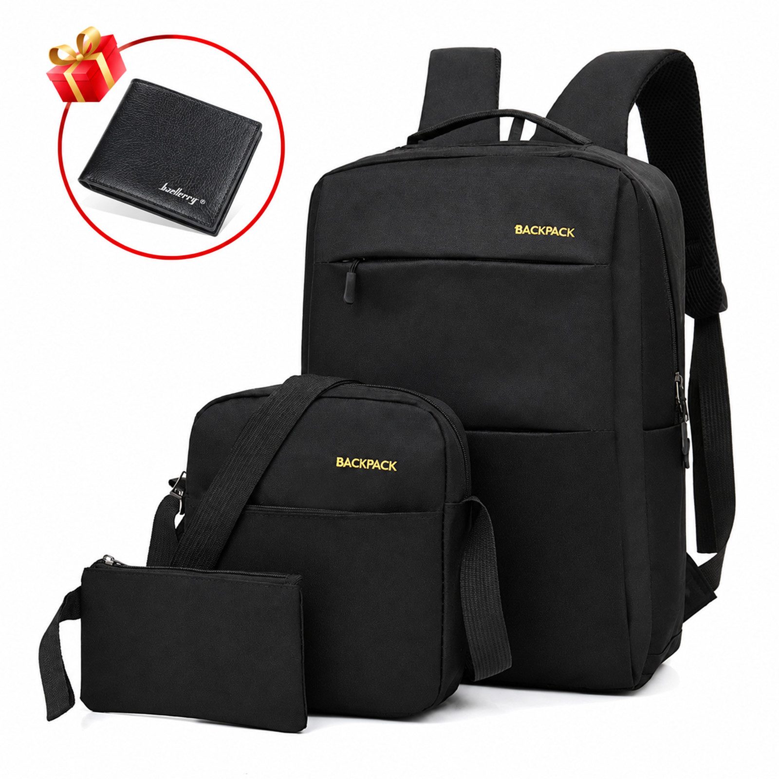 MOPUEA Rucksack 3-teiliges Rucksack Set Schwarz mit Umhängetasche für Alltag & Reise (3-teiliges Taschenset mit Rucksack, Umhängetasche und kleiner Tasche., Schwarzes 3er-Set: Rucksack 43 x 31 x 14 cm plus 2 kompakte Taschen), Wasserabweisend, kratzfest, leicht, verstellbar und mit vielen Fächern