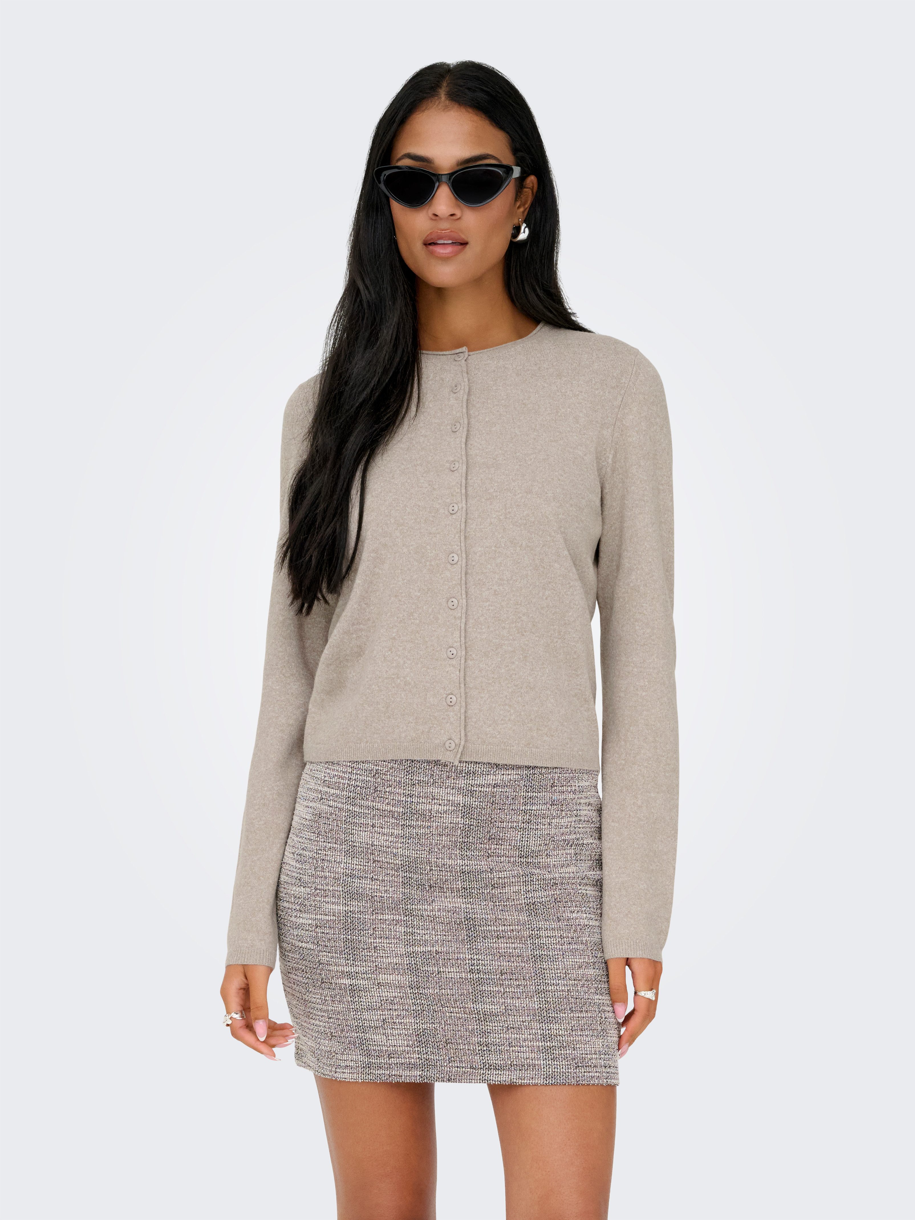 ONLY Strickjacke ONLLOYAL LIFE LS O-NECK BUT CAR KNT NOOS gerippte Ärmelbündchen