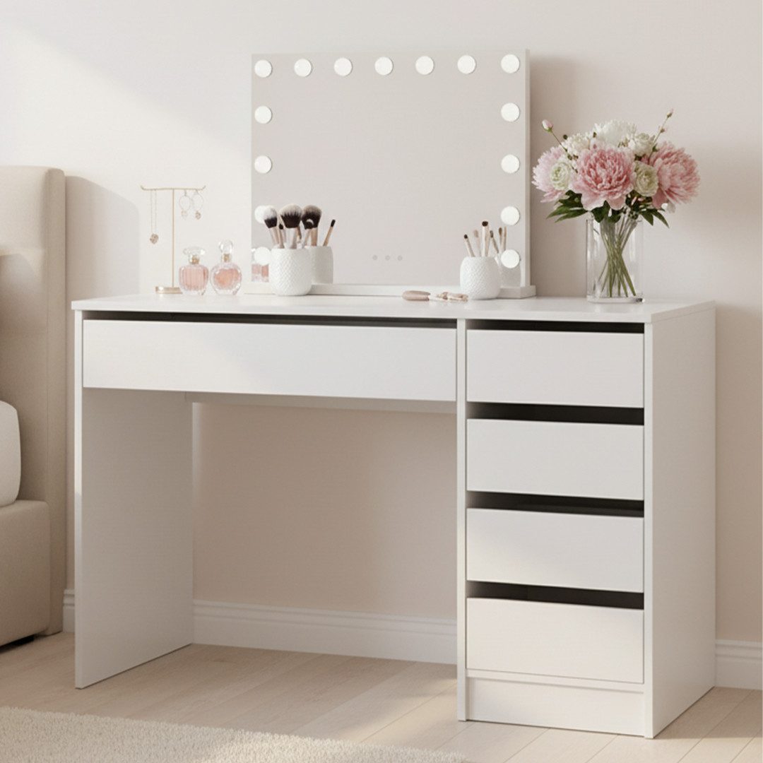 Bellamio Schminktisch Nore mit Spiegel, mit und ohne LED-Beleuchtung (Weiß, 5 Schubladen, 110x70x53 cm), Kosmetiktisch mit 3 Farbstufen & Touch-Sensor, USB-Anschluss
