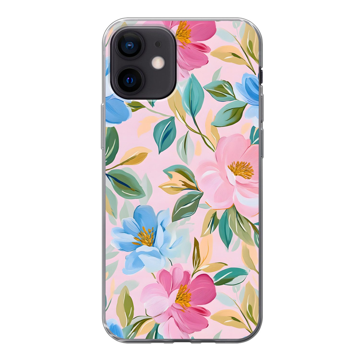 MuchoWow Handyhülle für Apple iPhone 12 Blau - Rosa - Blumen, Smartphone-Bumper, Print, Handy Schutzhülle Dünn