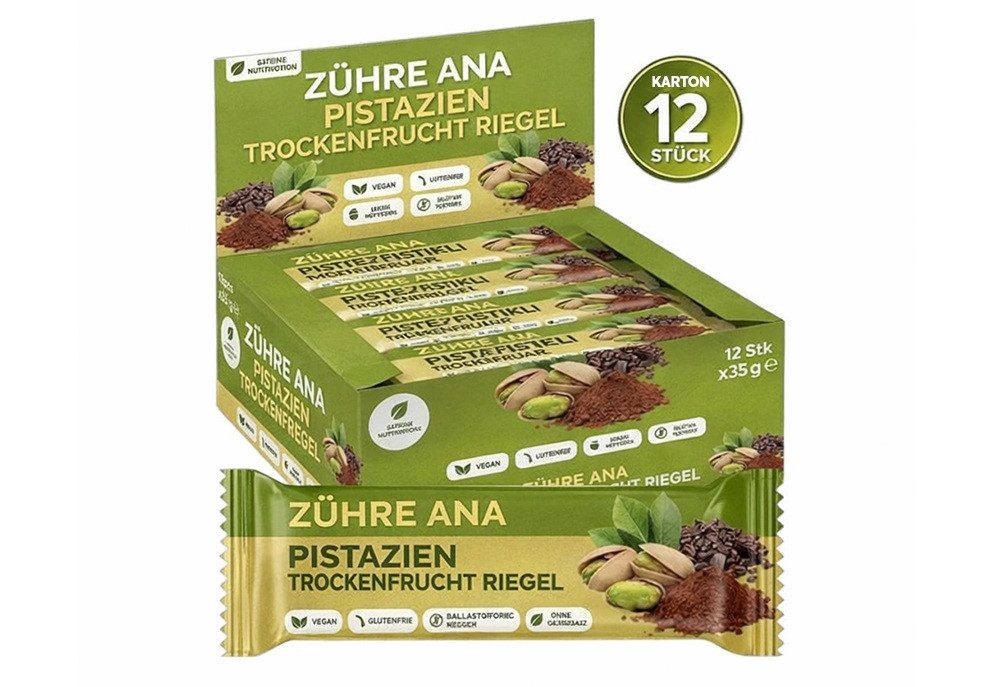 Zühre Ana® Riegel Pistazie Kakao Fruchtriegel 12x – Vegan, Glutenfrei, Zuckerfrei, 420 g, Leckerer Snack, 35gr x 12 Stück