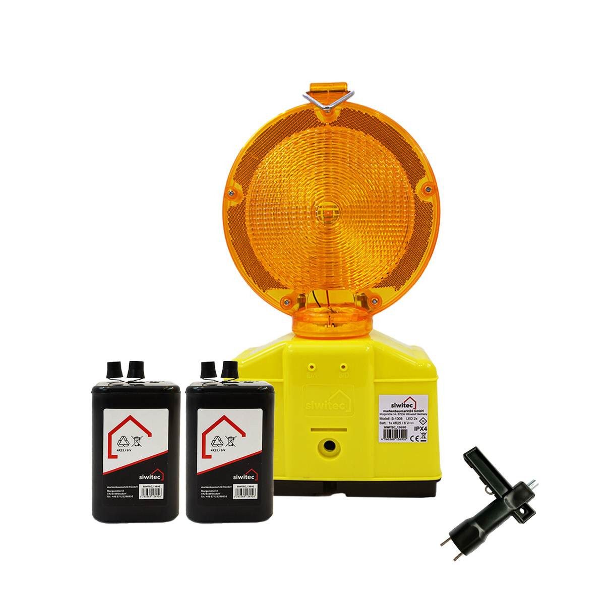 siwitec Baustrahler 1 x Baustellenleuchte gelb mit Lampenschlüssel inkl. 2 x Blockbatterie, Weiß, Dämmerungsfunktion