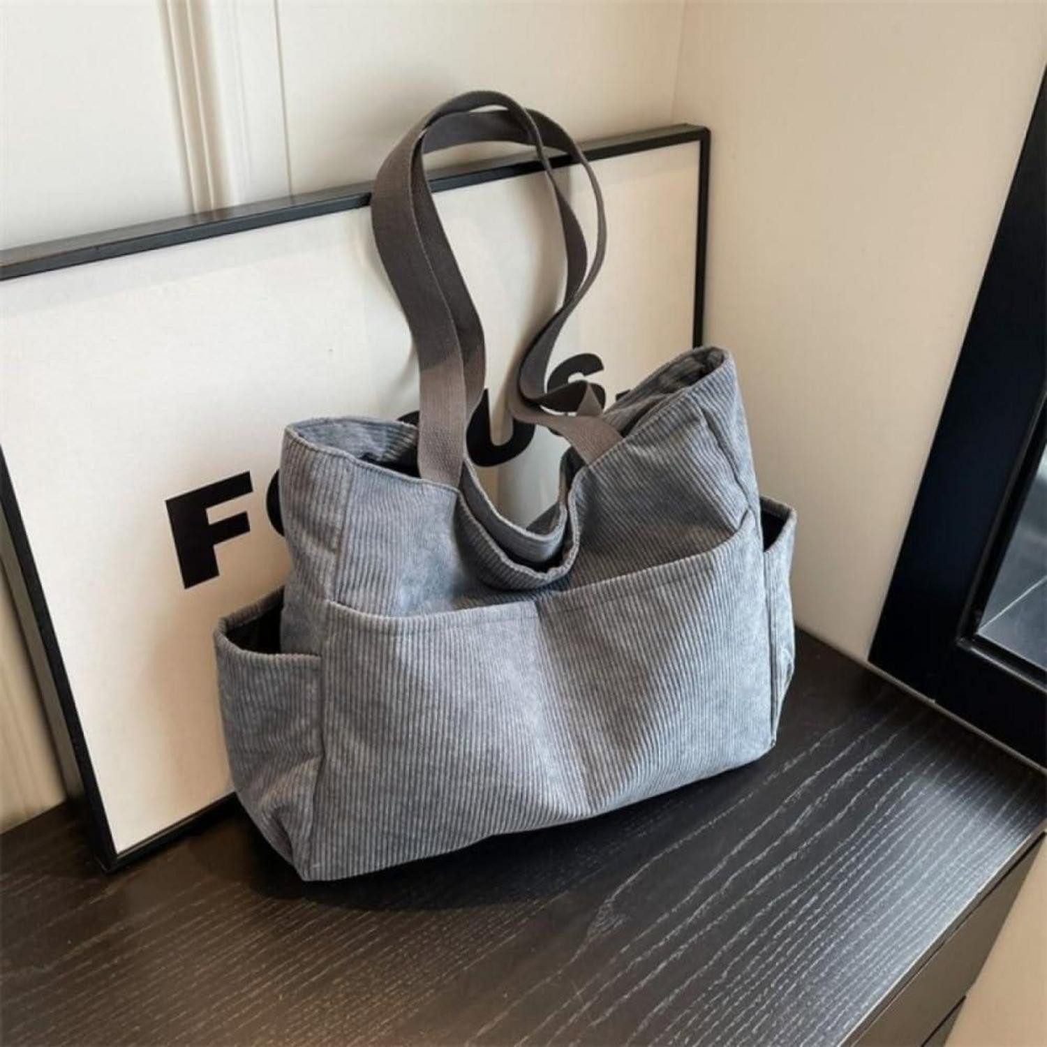 LuxusKollektion Shopper Handtasche Damen Kord Shopper Groß Reißverschluss Grau