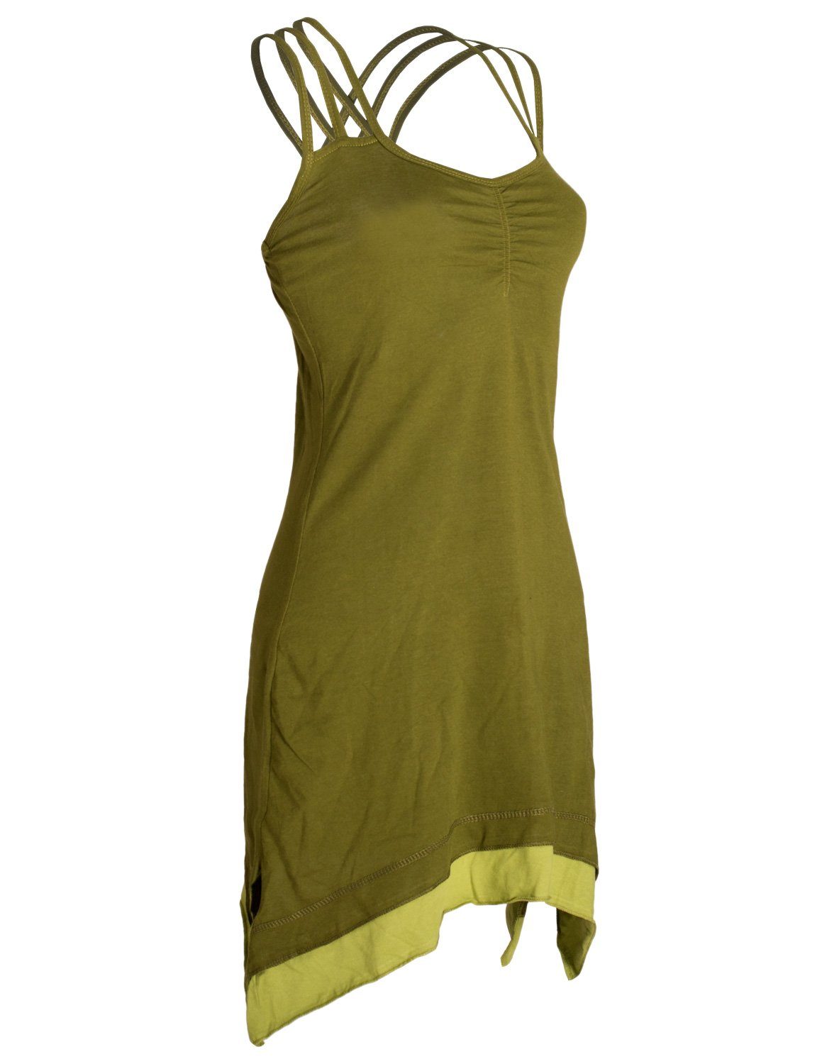 Vishes Sommerkleid Lagenlook Trägerkleid Hippie, olive Cotton Boho mit Elfen, Organic Style Zipfeln