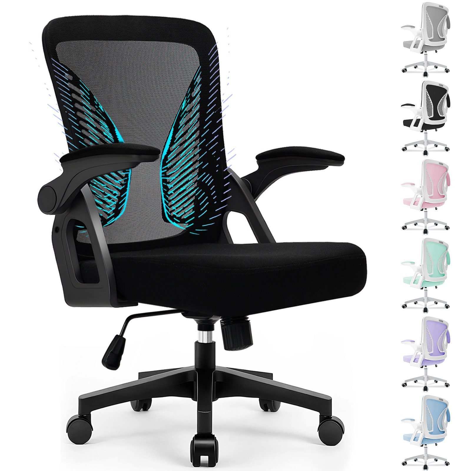 Milacyee Bürostuhl Ergonomischer Bürostuhl mit 90° klappbaren, gepolsterten Armlehnen (Höhenverstellbarer Atmungsaktiv Chefsessel mit geräuscharmen Rollen,Drehstuhl mit dynamische Rückenstütze), Platzsparend, Atmungsaktives Mesh, 150 kg Belastbarkeit