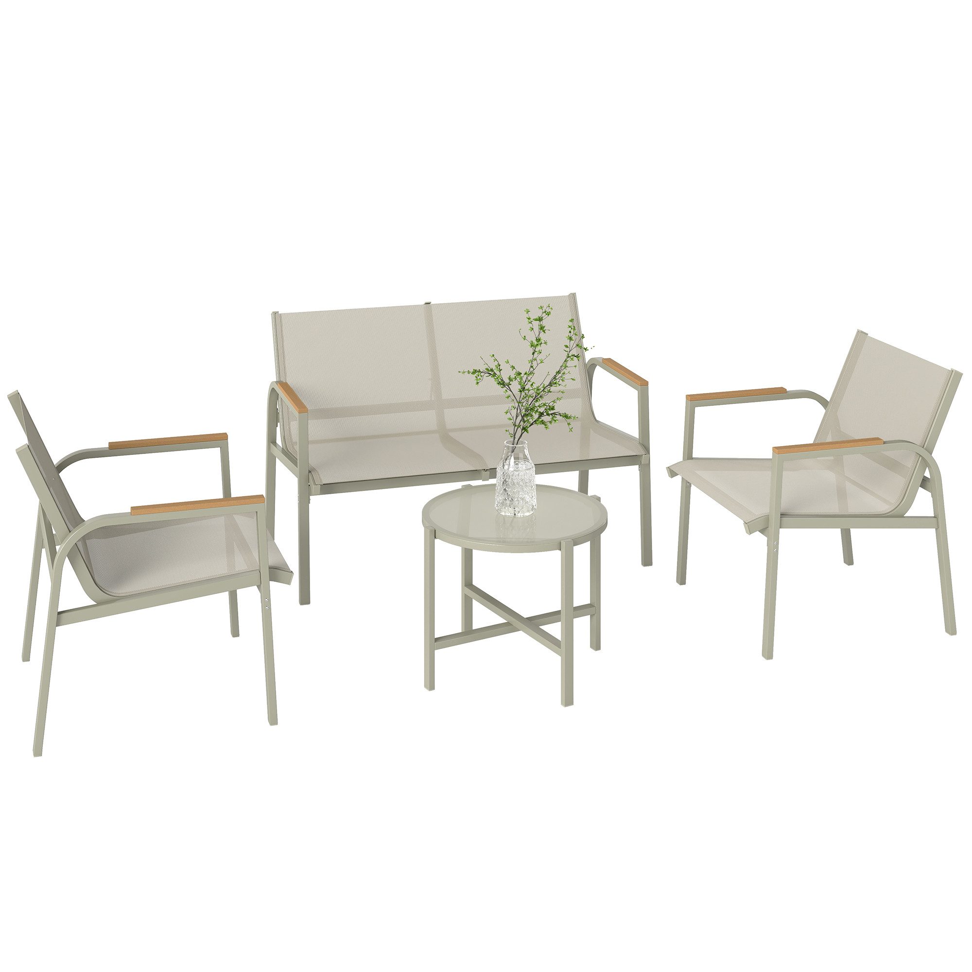 Outsunny Sitzgruppe wetterfest Gartenlounge mit 2er-Sofa 2 Sesseln Beistelltisch, (Outdoor Balkonmöbel-Set, 4-tlg., Gartenmöbel Set), für Garten Balkon Grün