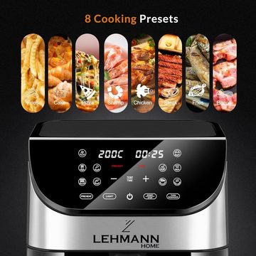 Lehmann Heißluftfritteuse mit 10 Kochprogrammen, Friteuse Heissluft und Temperaturkontrolle, 1500,00 W, mit Timer und digitalem LED-Touchscreen, ölfreies Braten