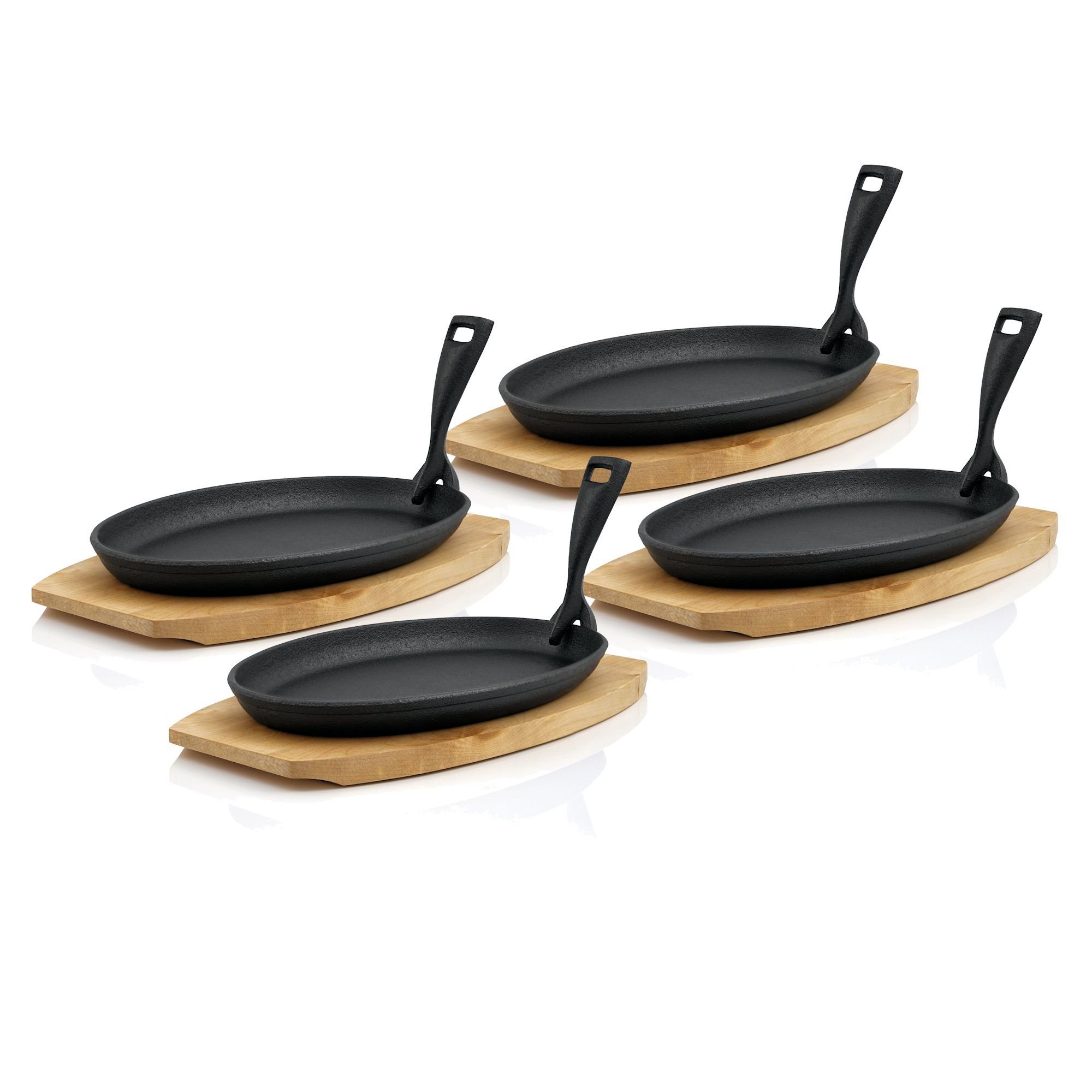 BBQ-Toro Servierpfanne Gusseisen Servierpfännchen mit Holzbrett (4x), 27 x 18 cm - oval, Gusseisen (Set), Gusseisen Servierpfännchen-Set mit Holzbrett