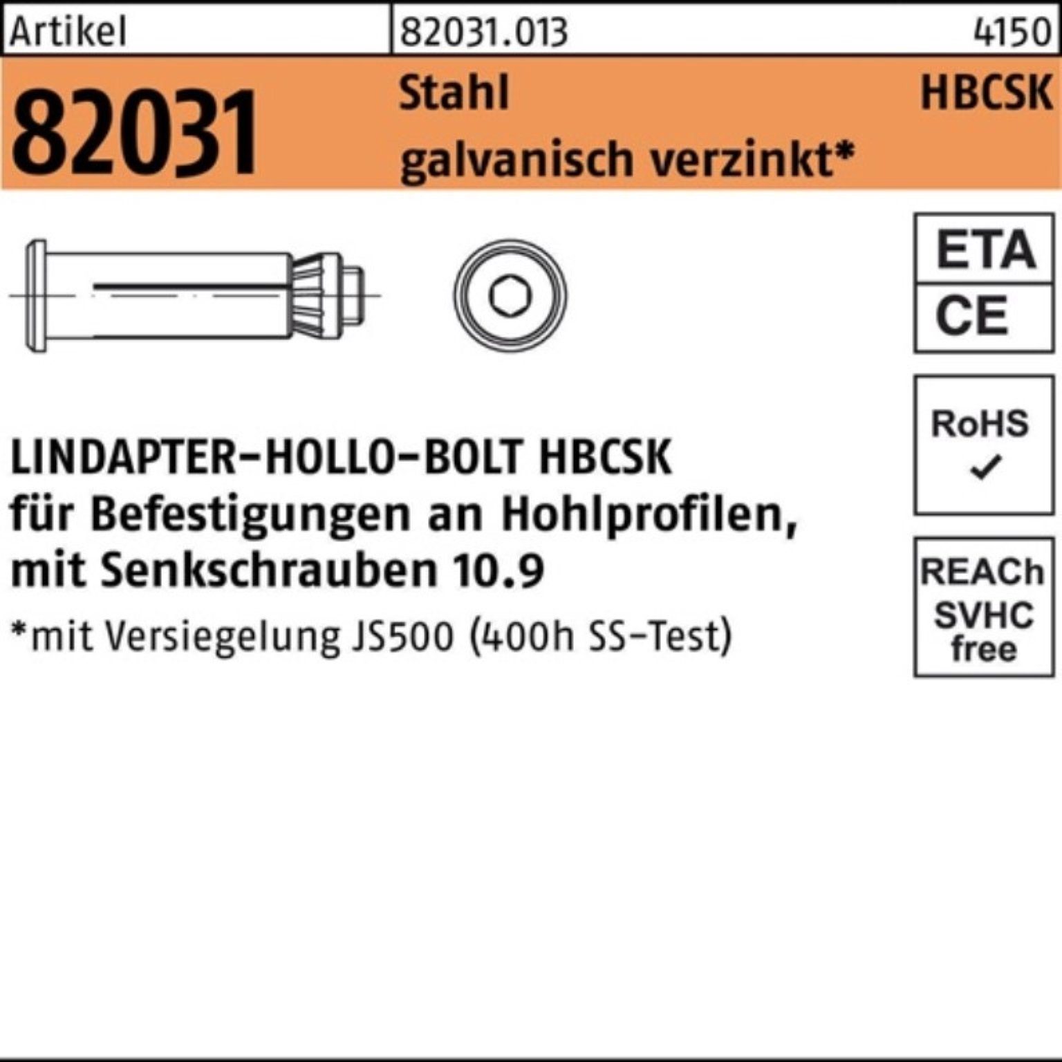 Lindapter Hohlraumdübel 100er Pack Hohlraumdübel R 82031 Senkschraube HBCSK 10-1 (50/22) 10.9