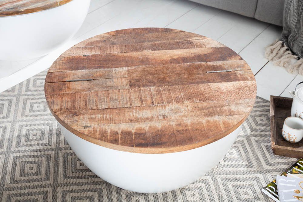 riess-ambiente Couchtisch INDUSTRIAL STORAGE Ø60cm weiß / natur (Einzelartikel, 1-St), Wohnzimmer · Massivholz · Metall · rund · mit Stauraum · handmade