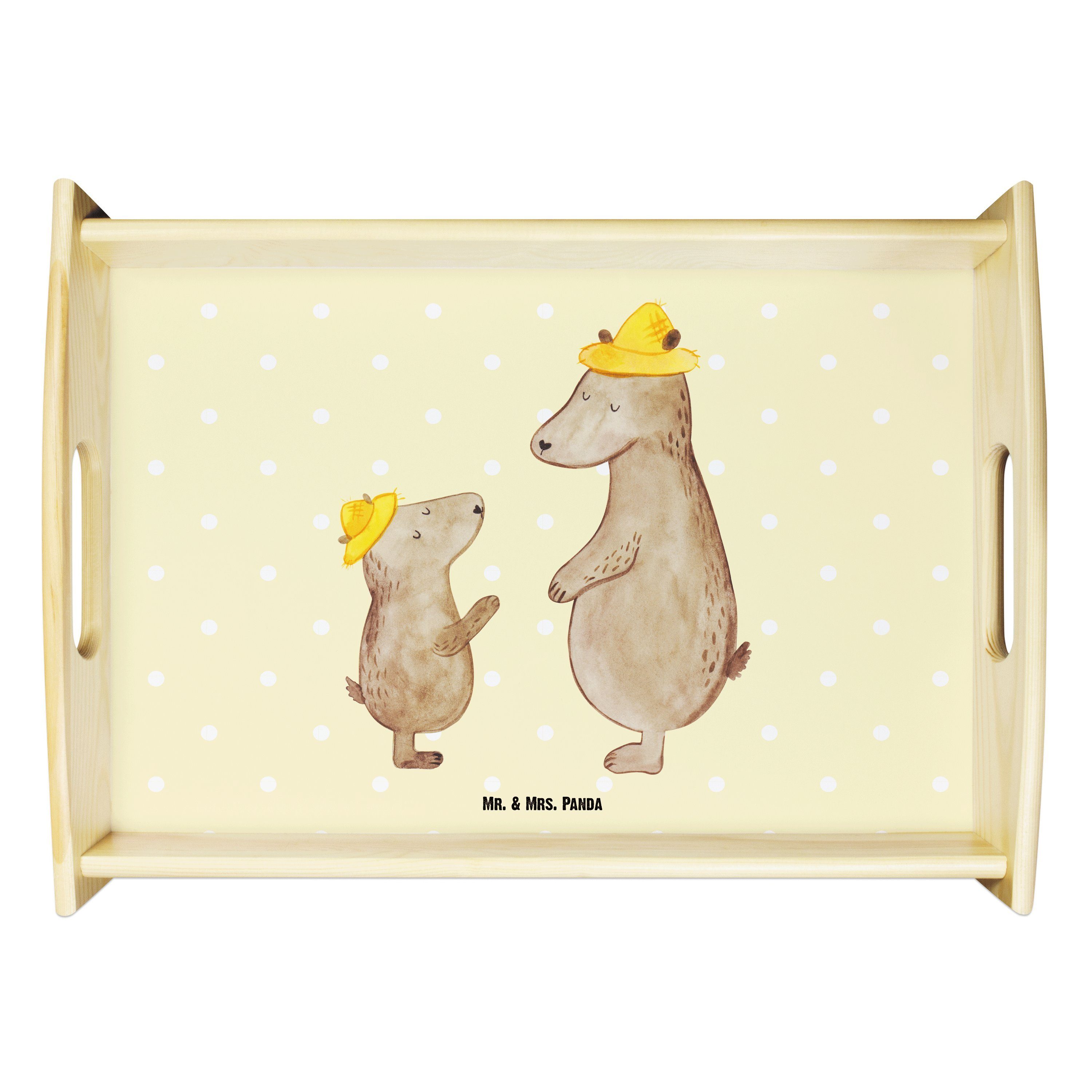 Mr. & Mrs. Panda Tablett Bären mit Hut - Gelb Pastell - Geschenk, Bruder, Holztablett, Vater, Echtholz lasiert, (1-tlg)