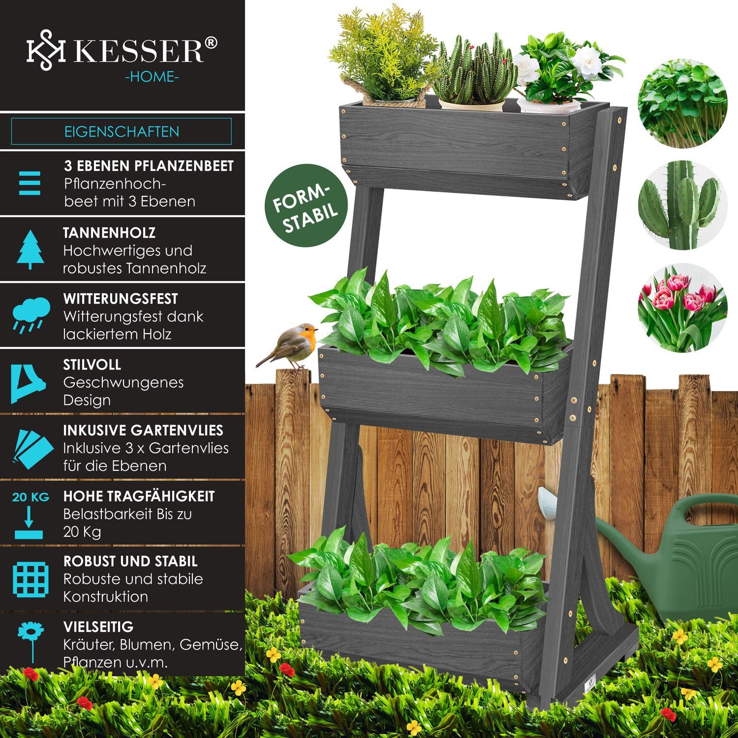 KESSER Hochbeet, mit Etagen Premium Blumenkasten Blumentreppe Gemüsebeet Blumenbeet