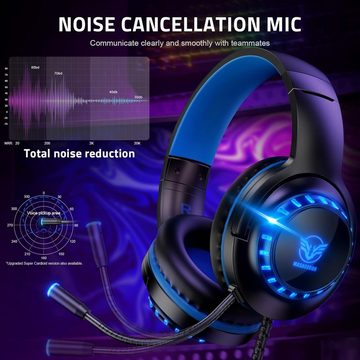 Pacrate Gaming-Headset (Filtert Umgebungsgeräusche heraus, Mit Kabel, Headset mit Mikrofon, Noise Cancelling PS5 Headset mit LED Lichter)