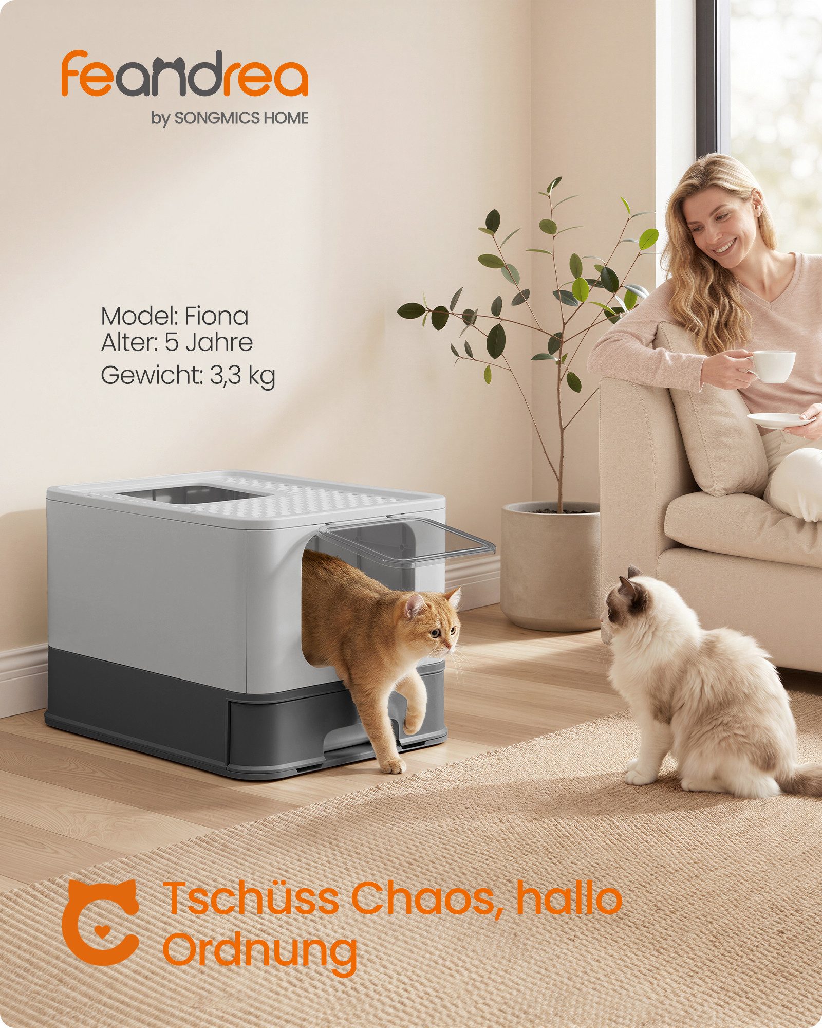 FEANDREA Katzentoilette Katzenklo Edelstahl, für Katzen bis 15 kg, mit Schublade, Schaufel, Bürste, 2 Eingänge