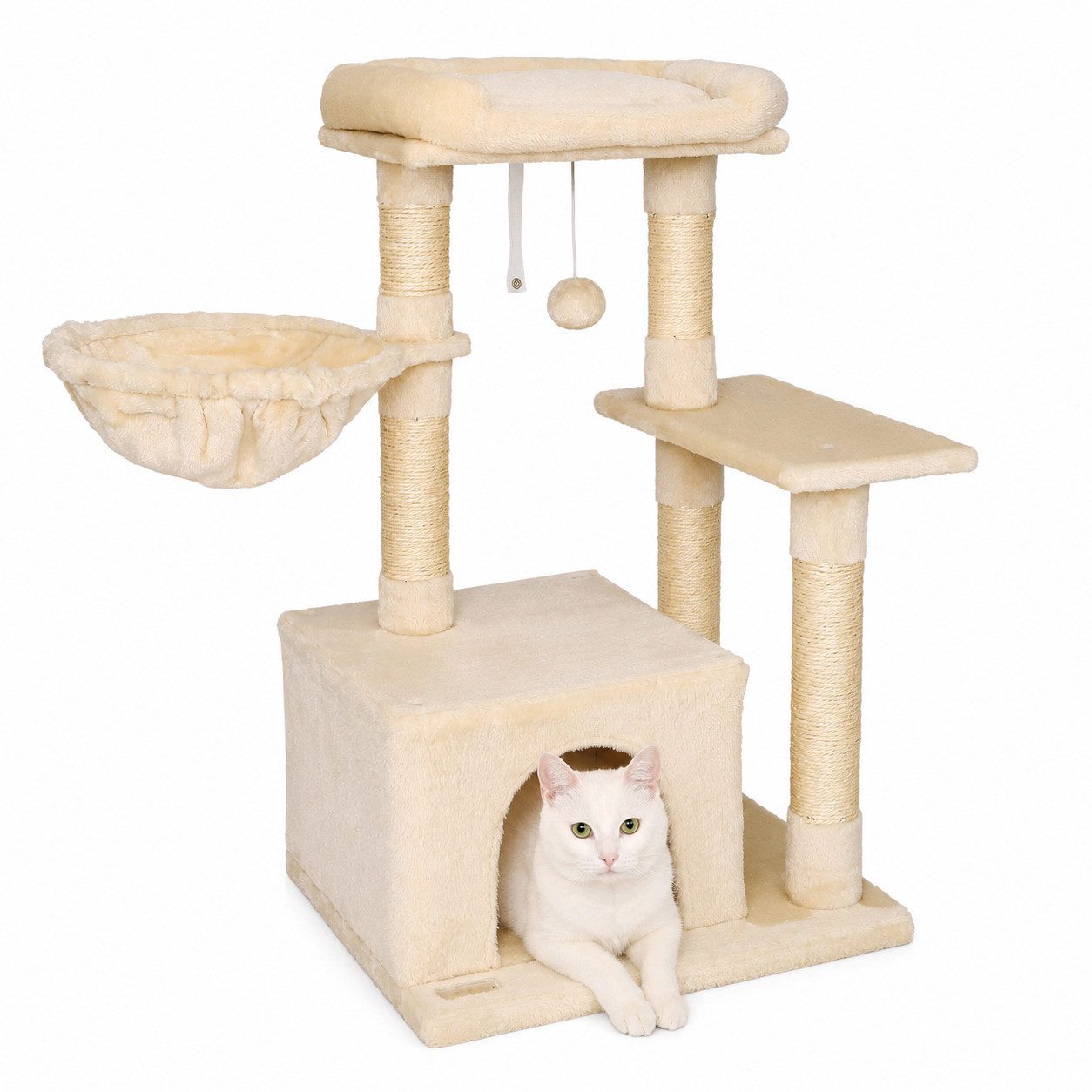 lionto Kratzbaum platzsparend & kompakt, 85 cm beige, Katzenkratzbaum mit Spielball, Sisalstamm & Kratzfläche