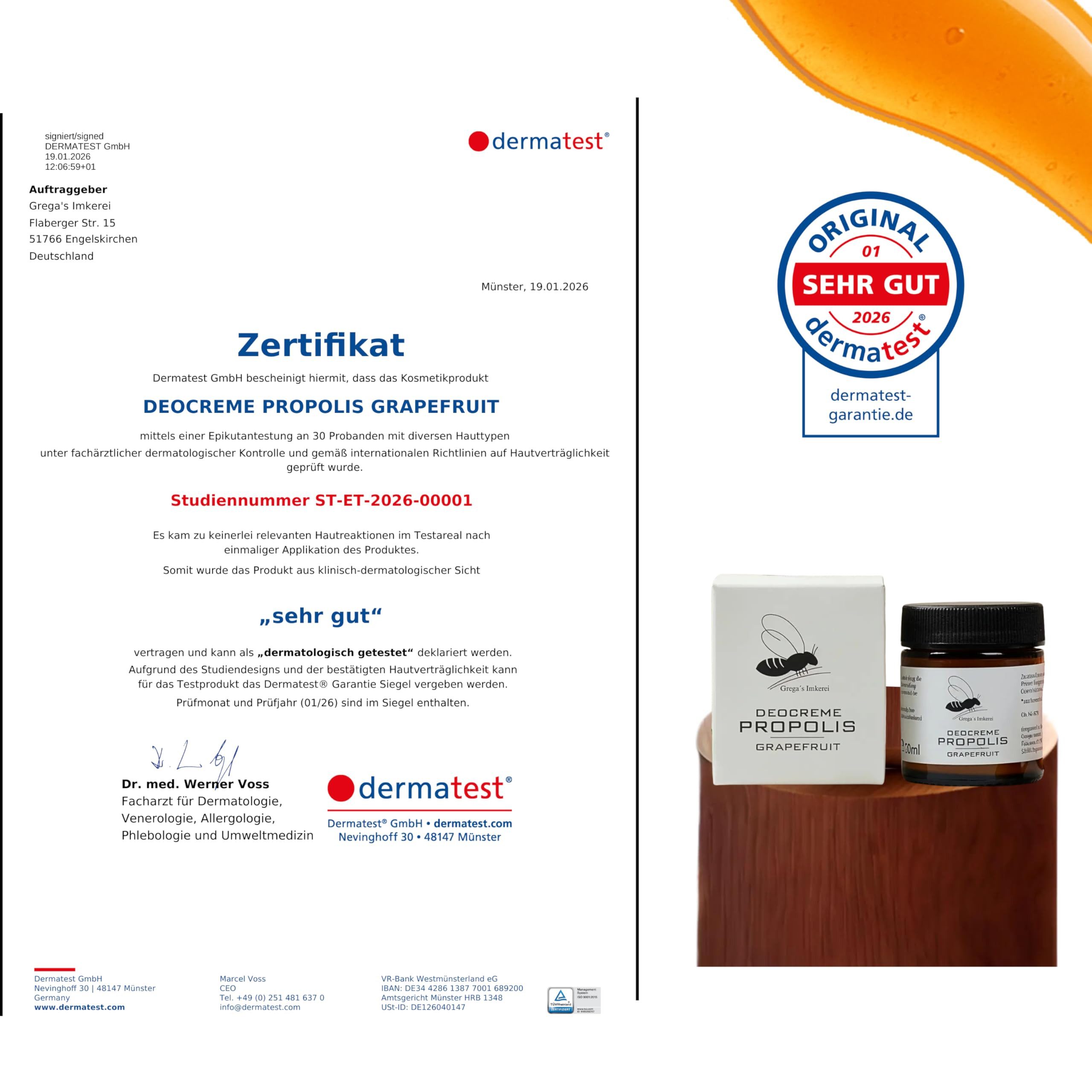 Grega´s Imkerei Deo-Creme Propolis Deocreme Grapefruit 30ml, Derma Test "Sehr gut" 2026, Im Glastigel Handgefertigt in Deutschland, 1-tlg., Zertifiziertes Naturprodukt ohne Aluminium