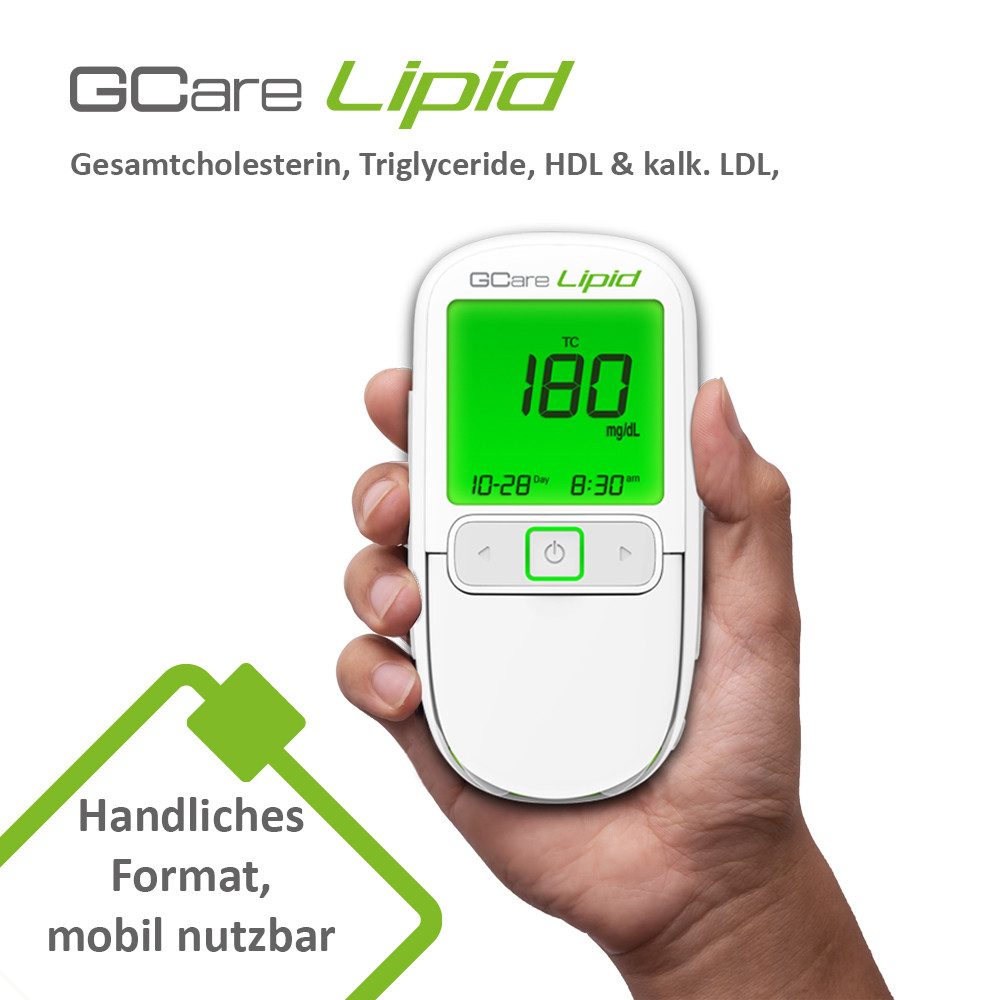 GCare Lipid Cholesterin Messgerät 4 in1 (TC, TG, HDL& kalk. LDL), Mit 20 Teststeifen, 110 Lanzetten, hochwertiges Etui etc.
